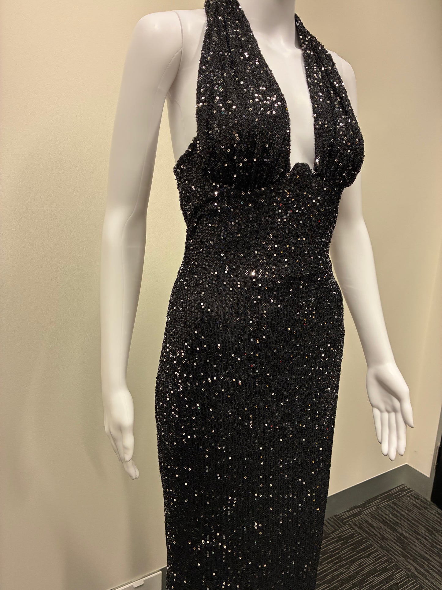 Sequin Halter Plunge Backless Maxi Dress NDS-009