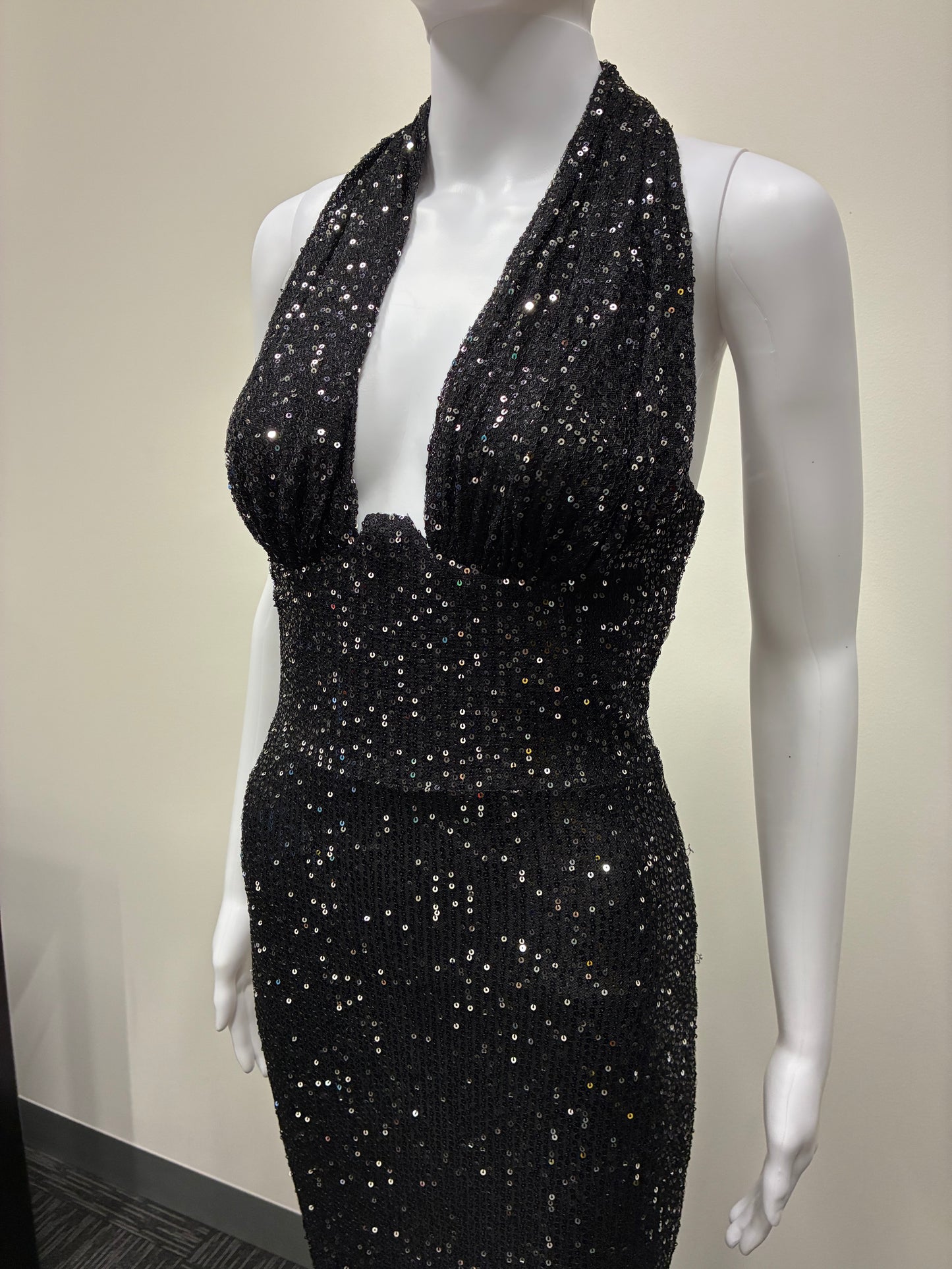 Sequin Halter Plunge Backless Maxi Dress NDS-009