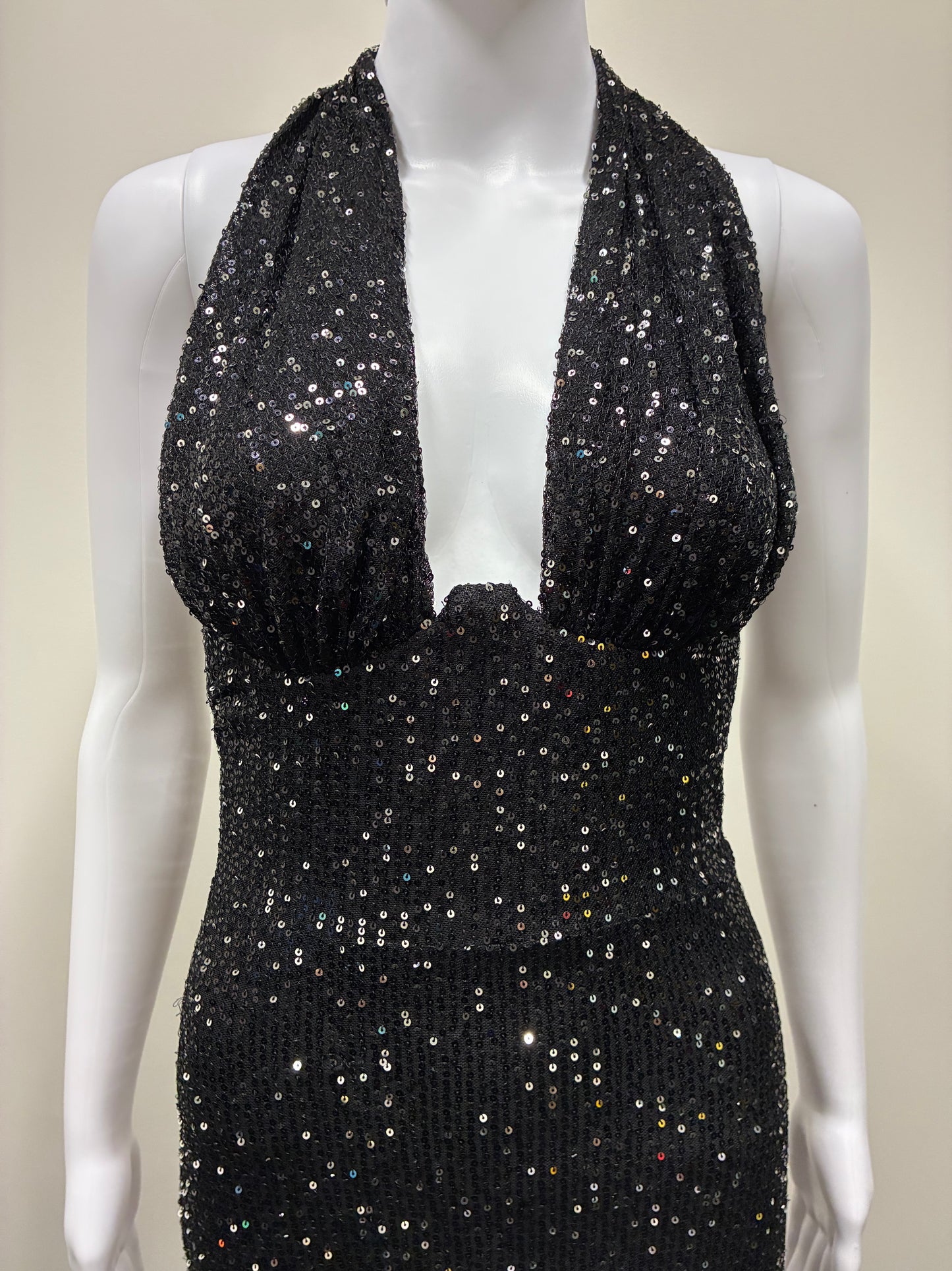 Sequin Halter Plunge Backless Maxi Dress NDS-009