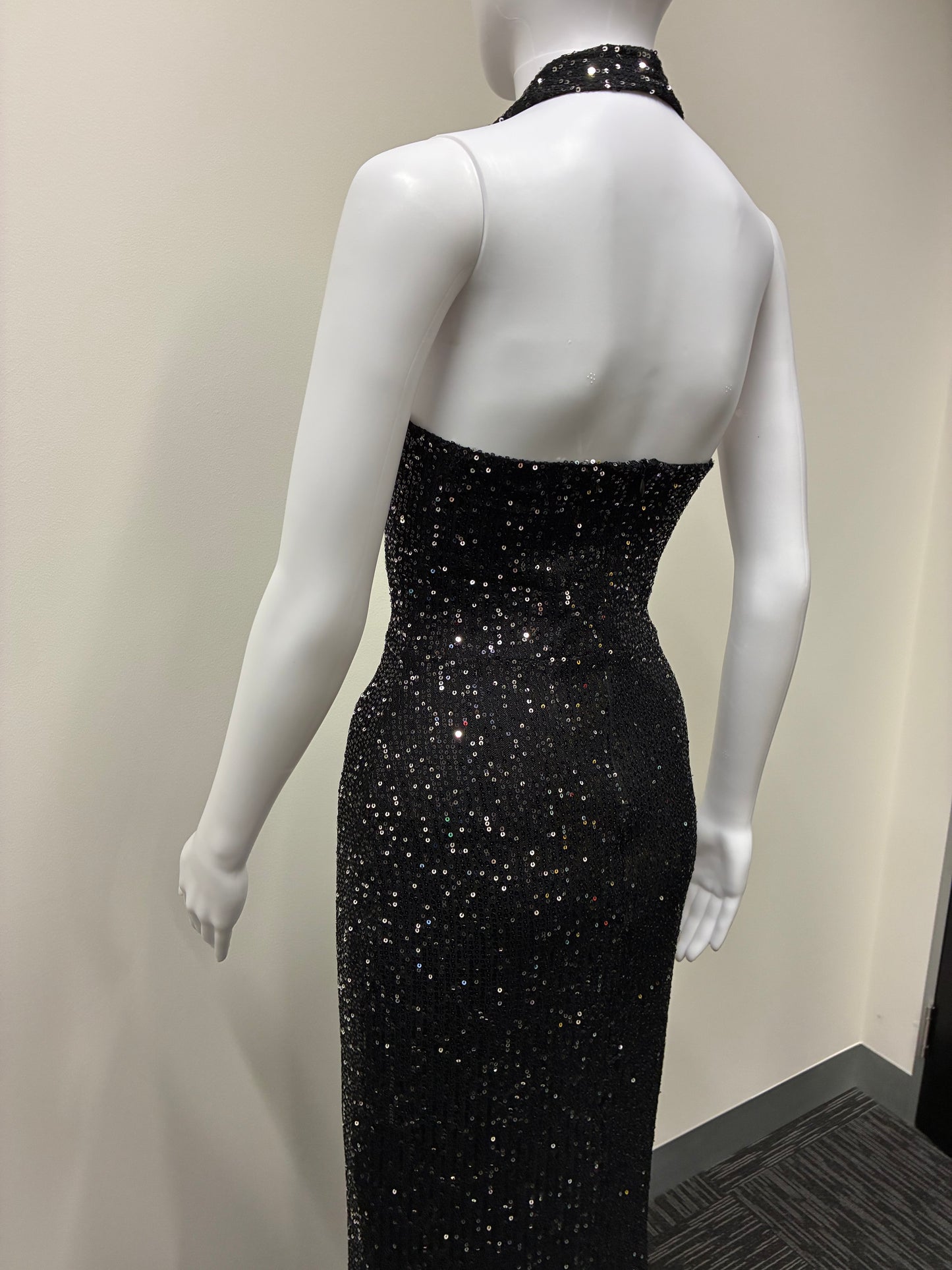 Sequin Halter Plunge Backless Maxi Dress NDS-009