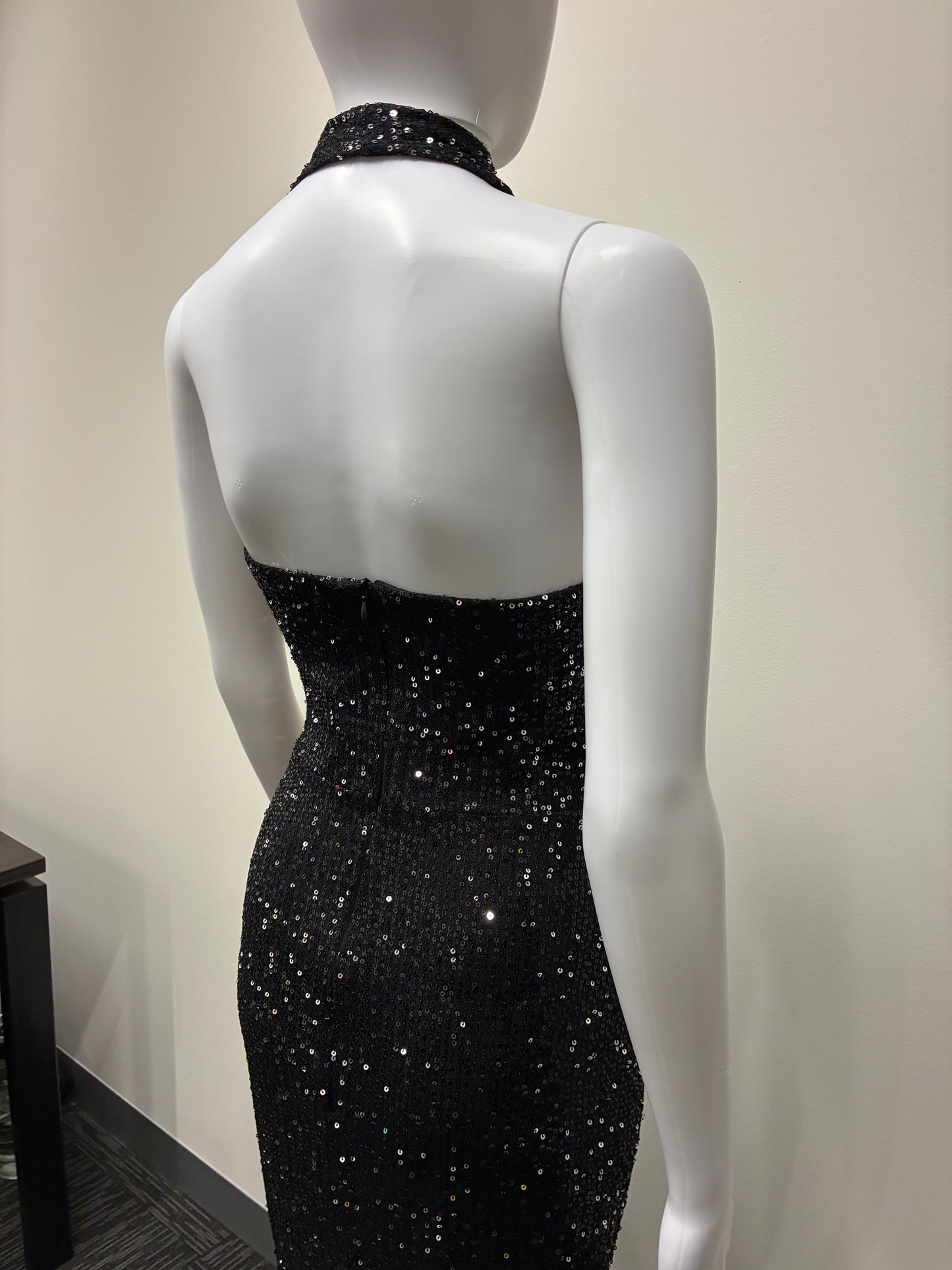Sequin Halter Plunge Backless Maxi Dress NDS-009