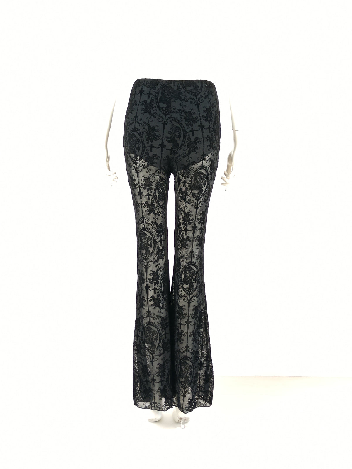 Black Midnight Baroque Sheer Lace Flare Pants NDS-048