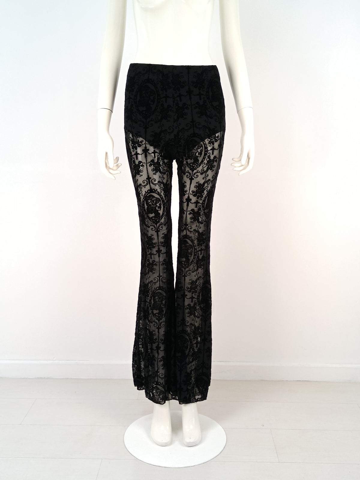 Black Midnight Baroque Sheer Lace Flare Pants NDS-048