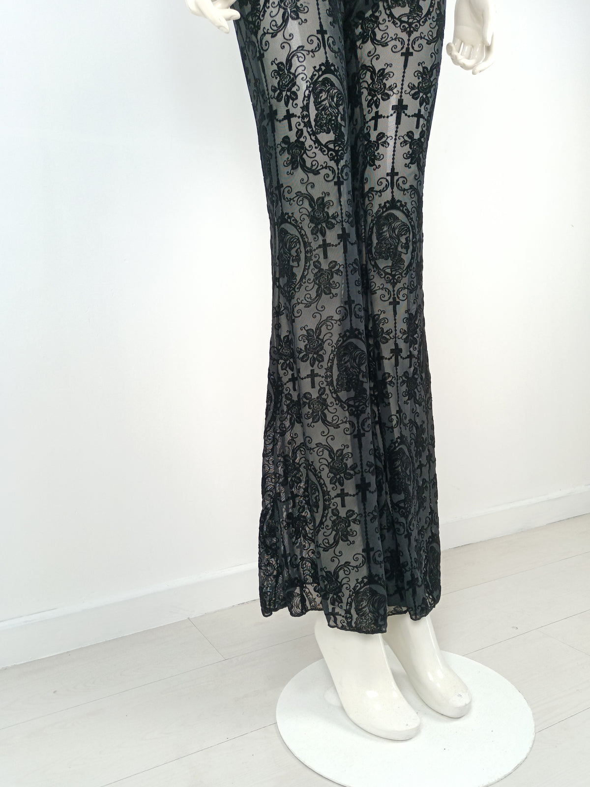 Black Midnight Baroque Sheer Lace Flare Pants NDS-048