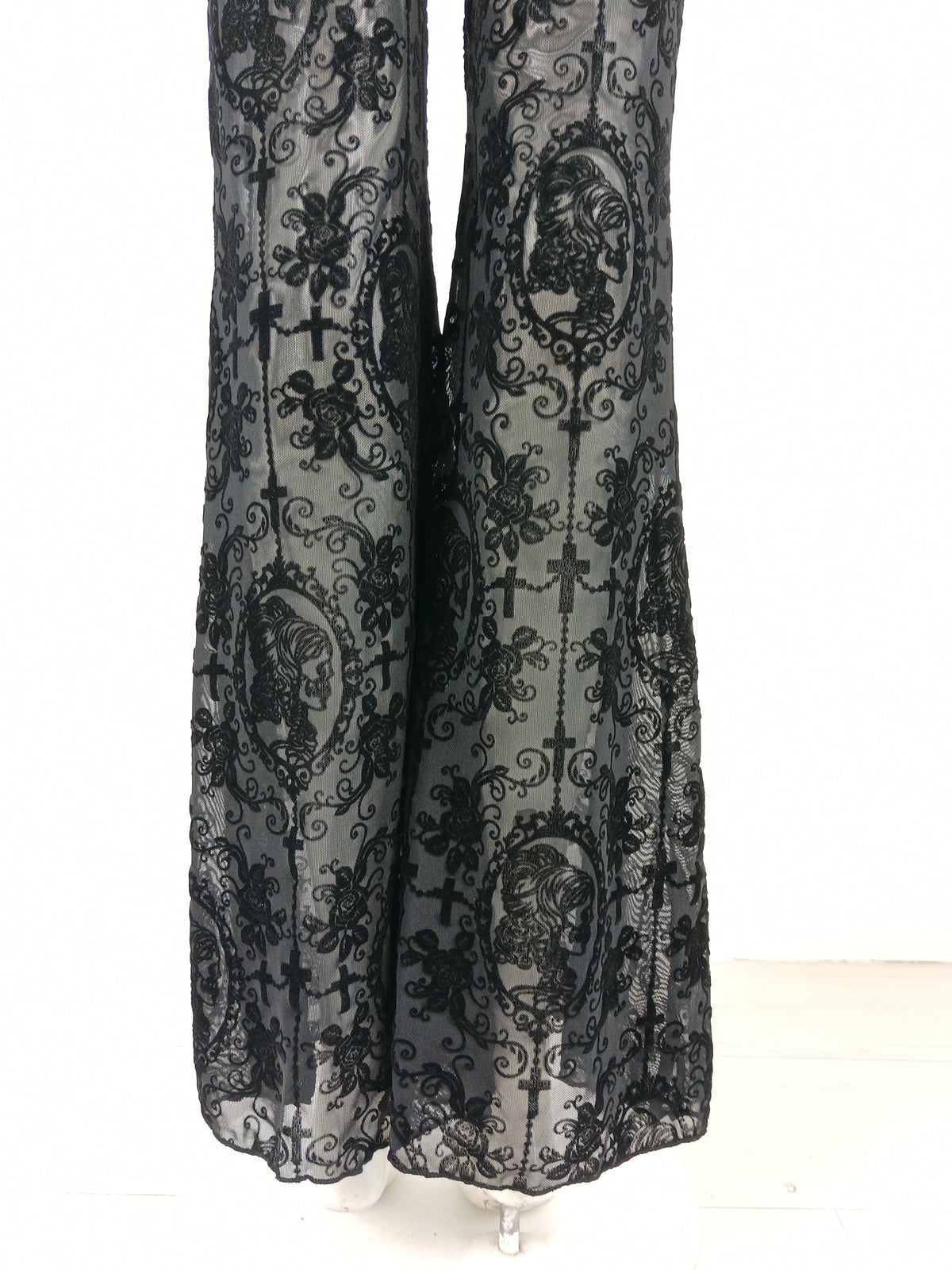 Black Midnight Baroque Sheer Lace Flare Pants NDS-048