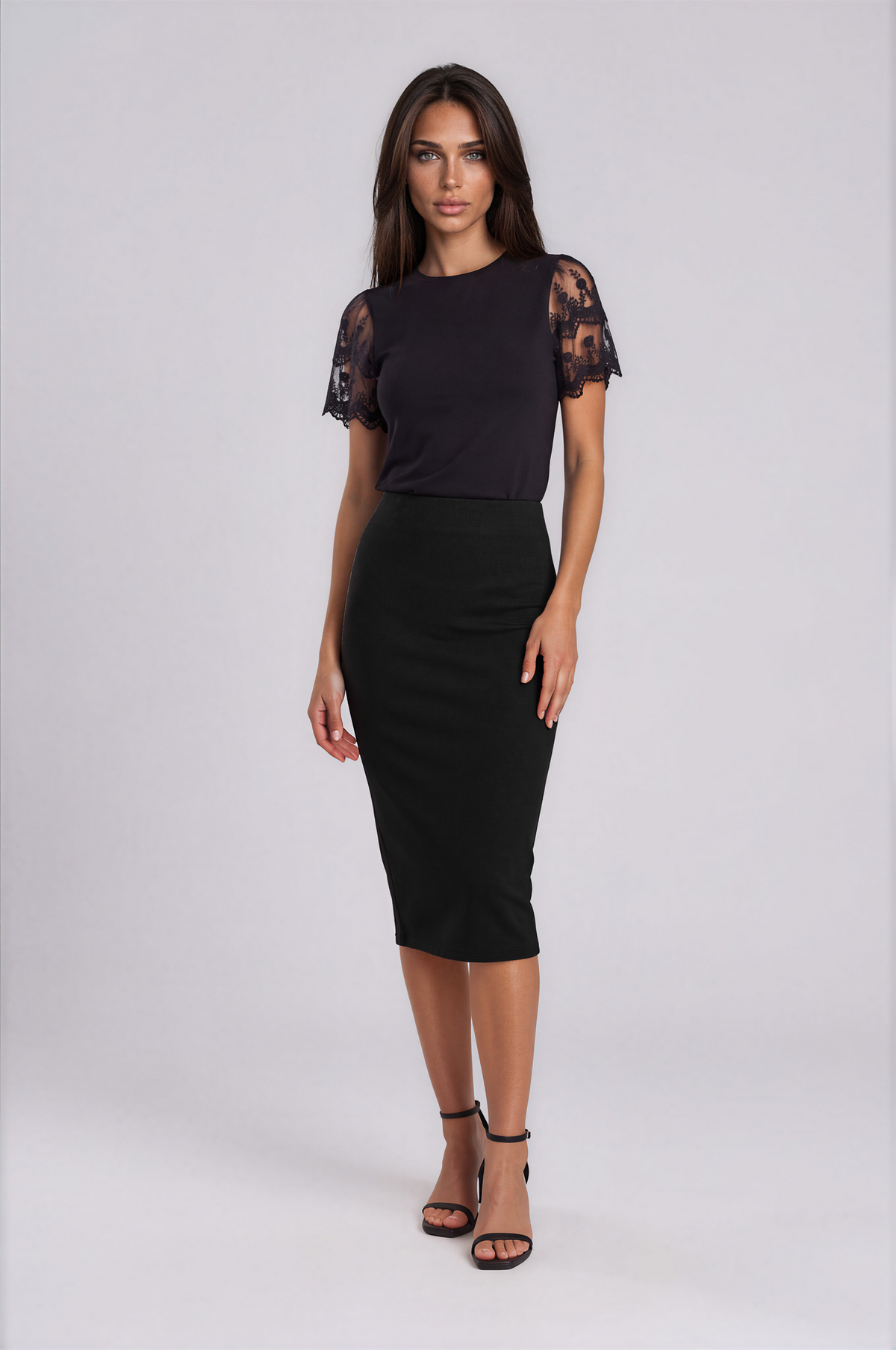 Black Satin Top with Sheer Lace Flutter Sleeves NDS-052