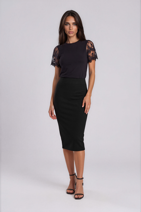 Black Satin Top with Sheer Lace Flutter Sleeves NDS-052
