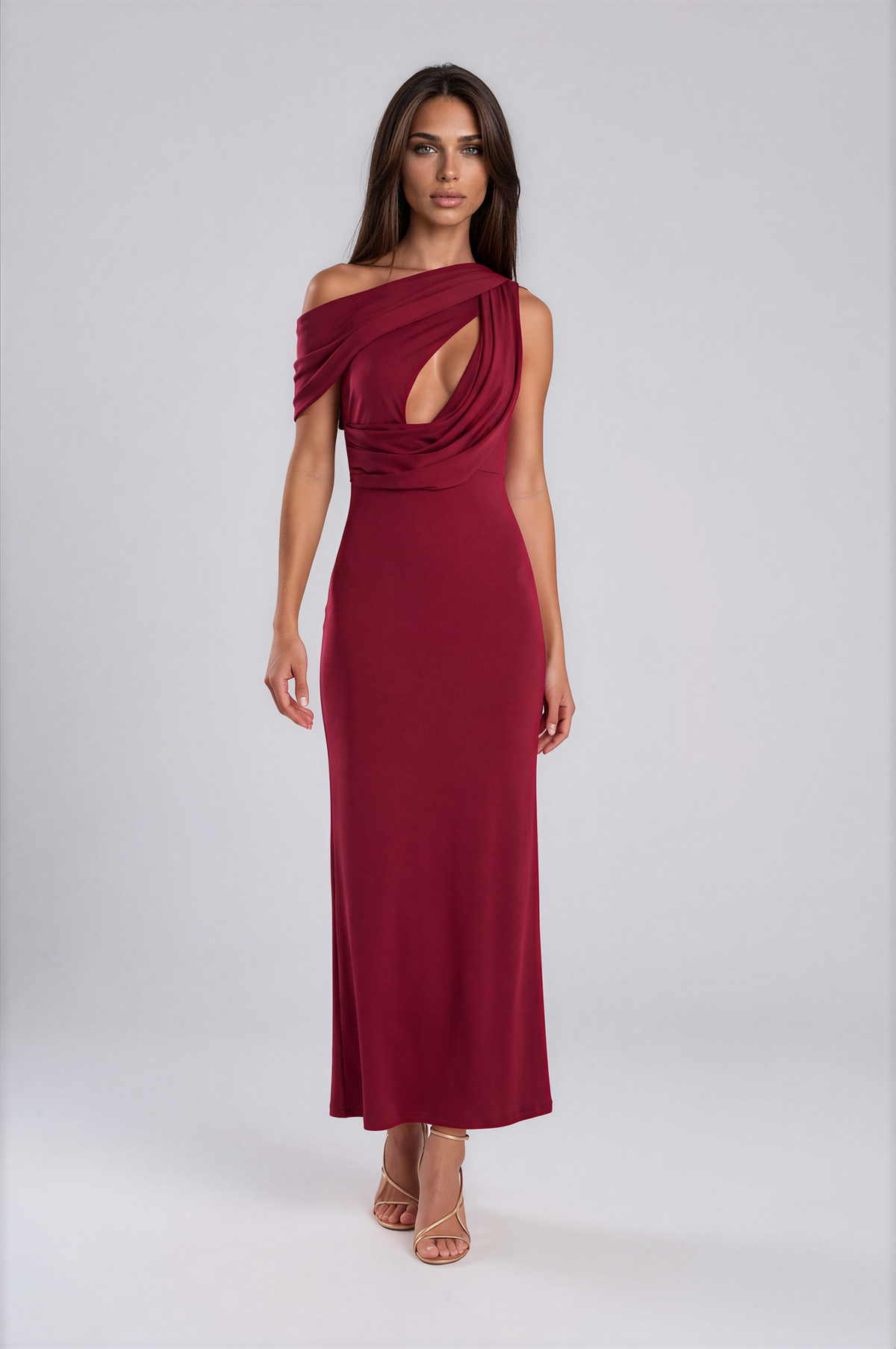 Burgundy Draped One-Shoulder Maxi Dress NDS-055