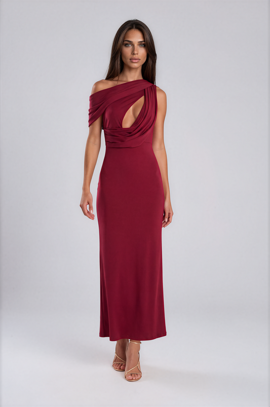 Burgundy Draped One-Shoulder Maxi Dress NDS-055