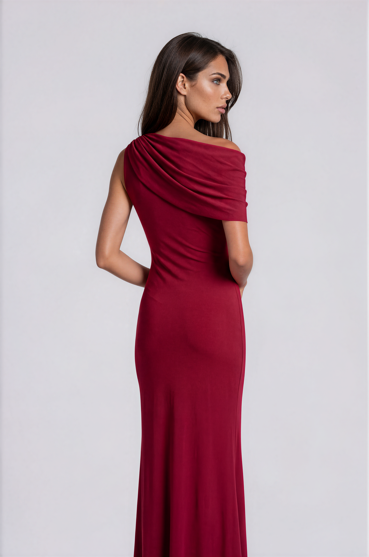 Burgundy Draped One-Shoulder Maxi Dress NDS-055