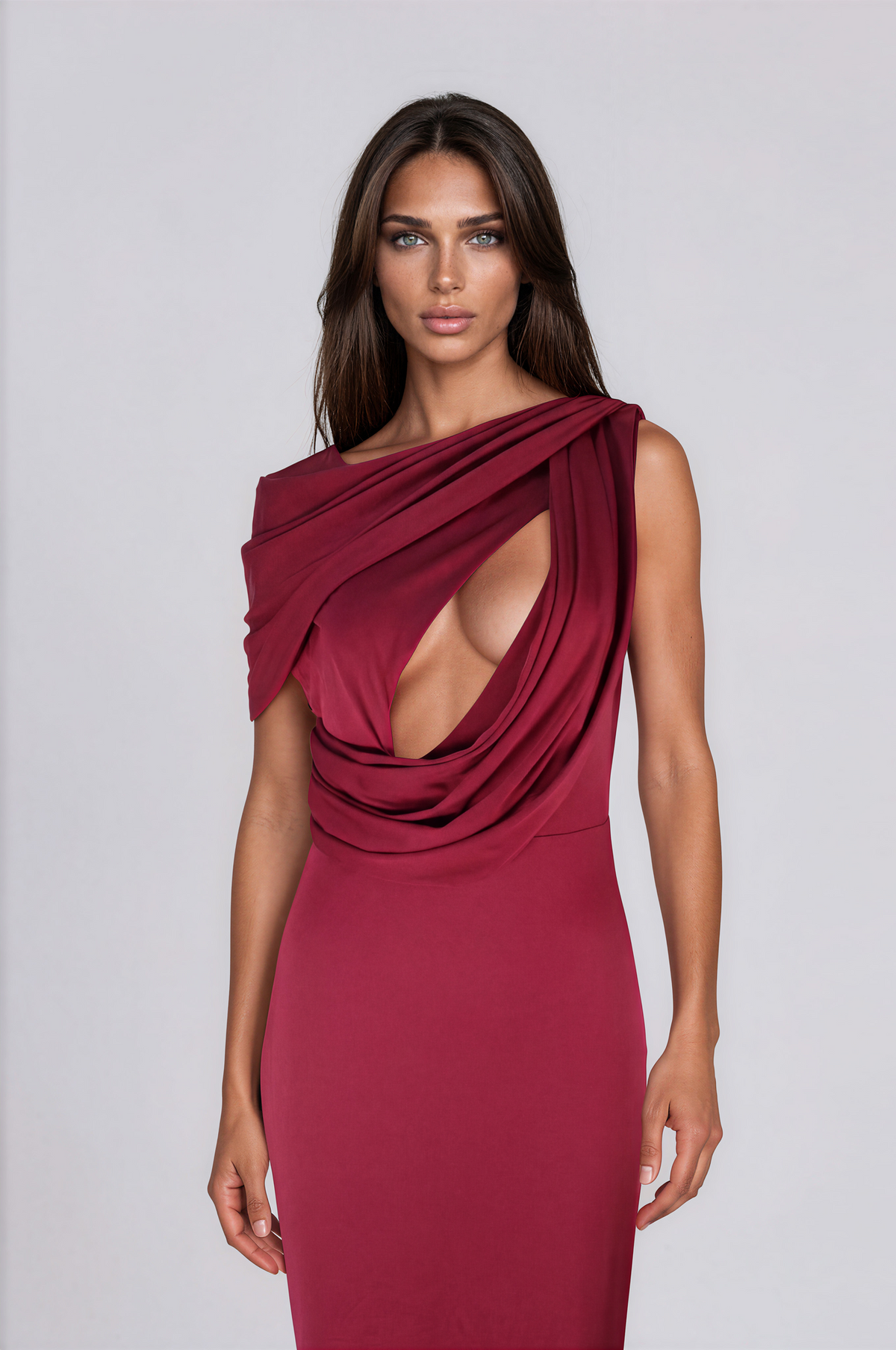 Burgundy Draped One-Shoulder Maxi Dress NDS-055