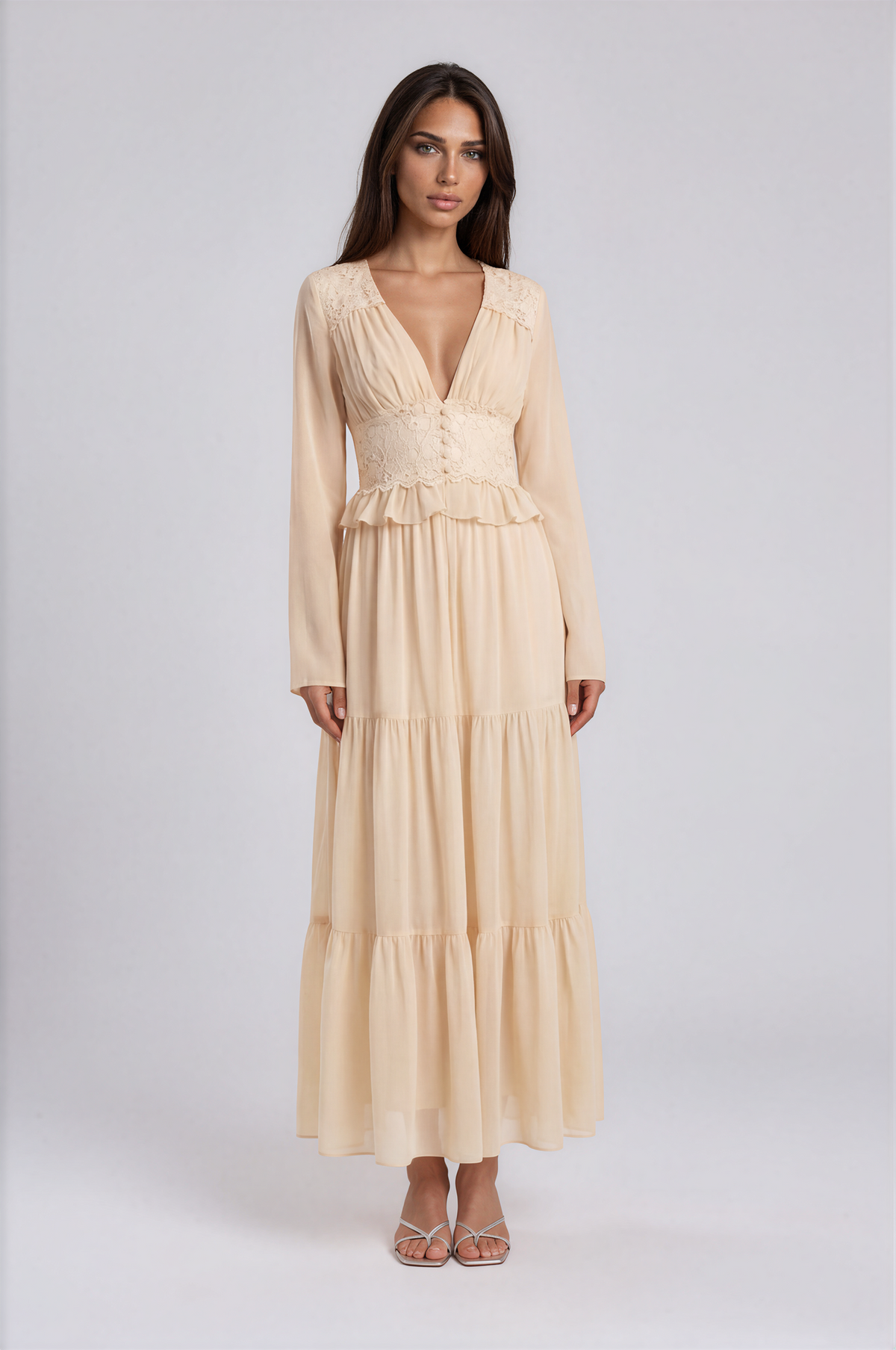 Vintage Lace Waist Peplum Dress – Cream NDS-068