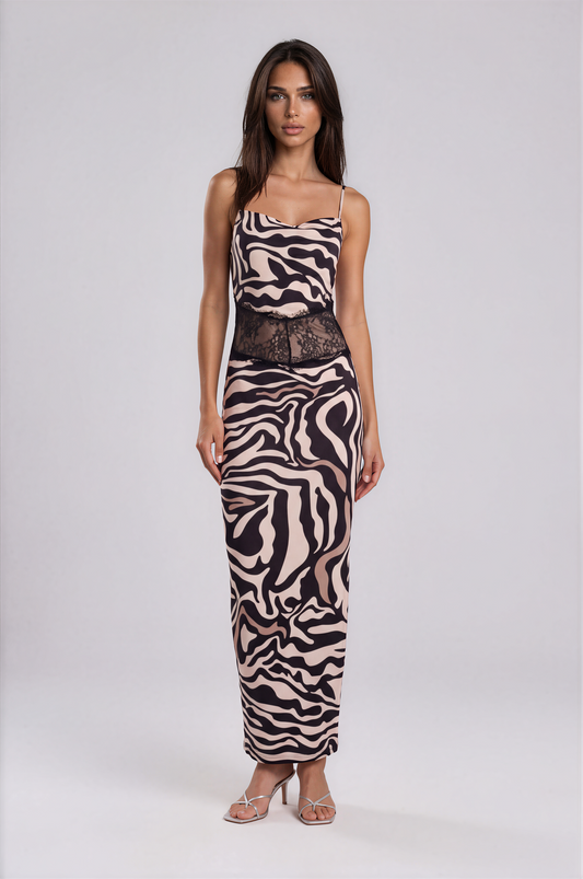 Zebra Print Lace Panel Maxi Dress NDS-057
