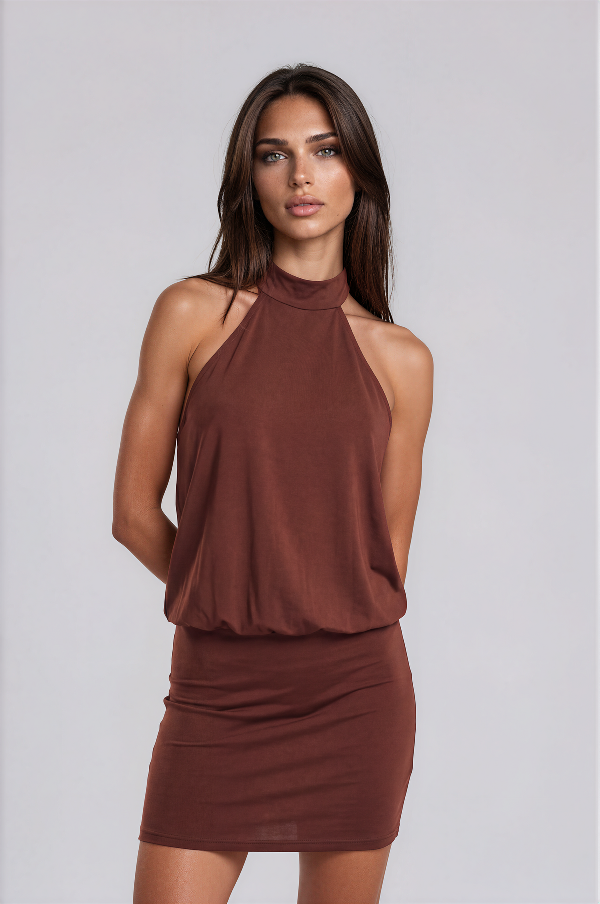 Chocolate Brown Halter Neck Ruched Mini Dress NDS-079