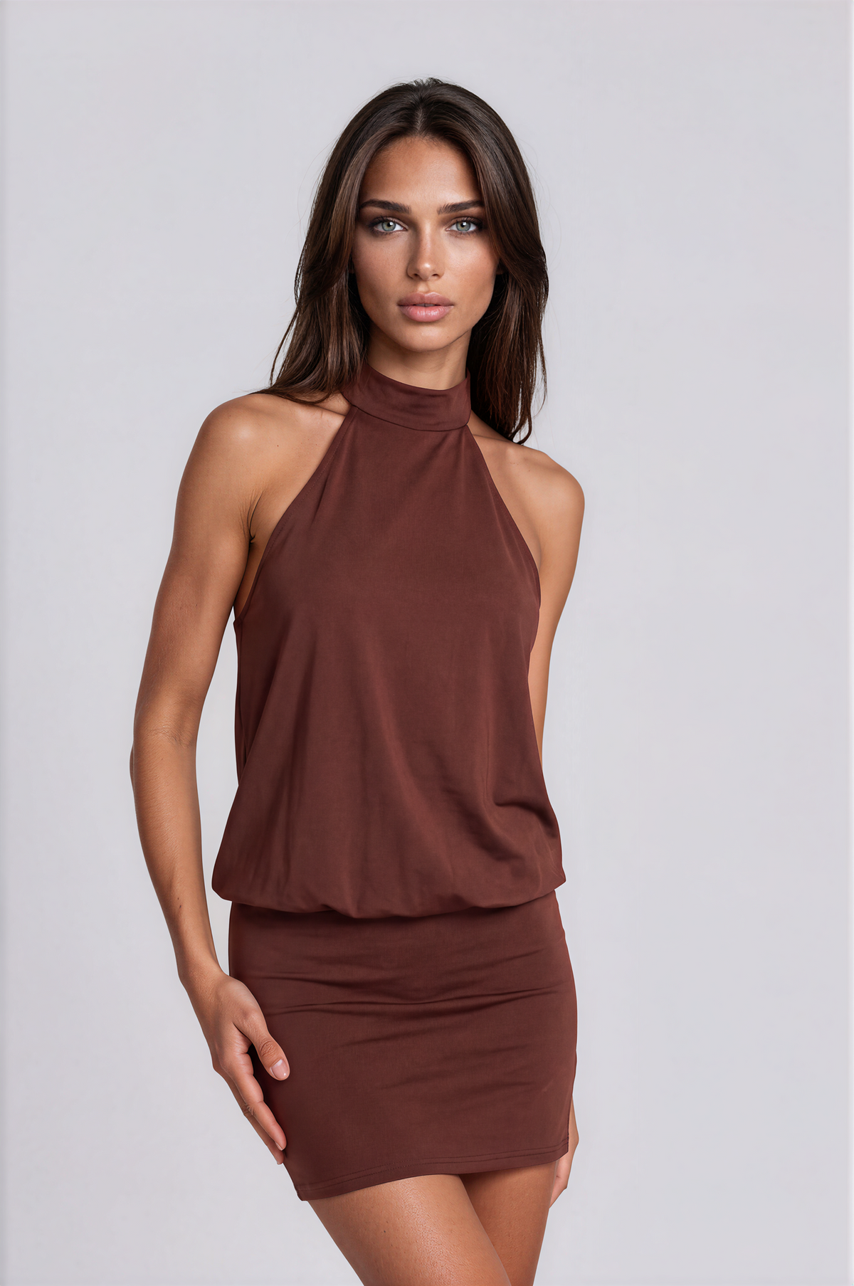 Chocolate Brown Halter Neck Ruched Mini Dress NDS-079