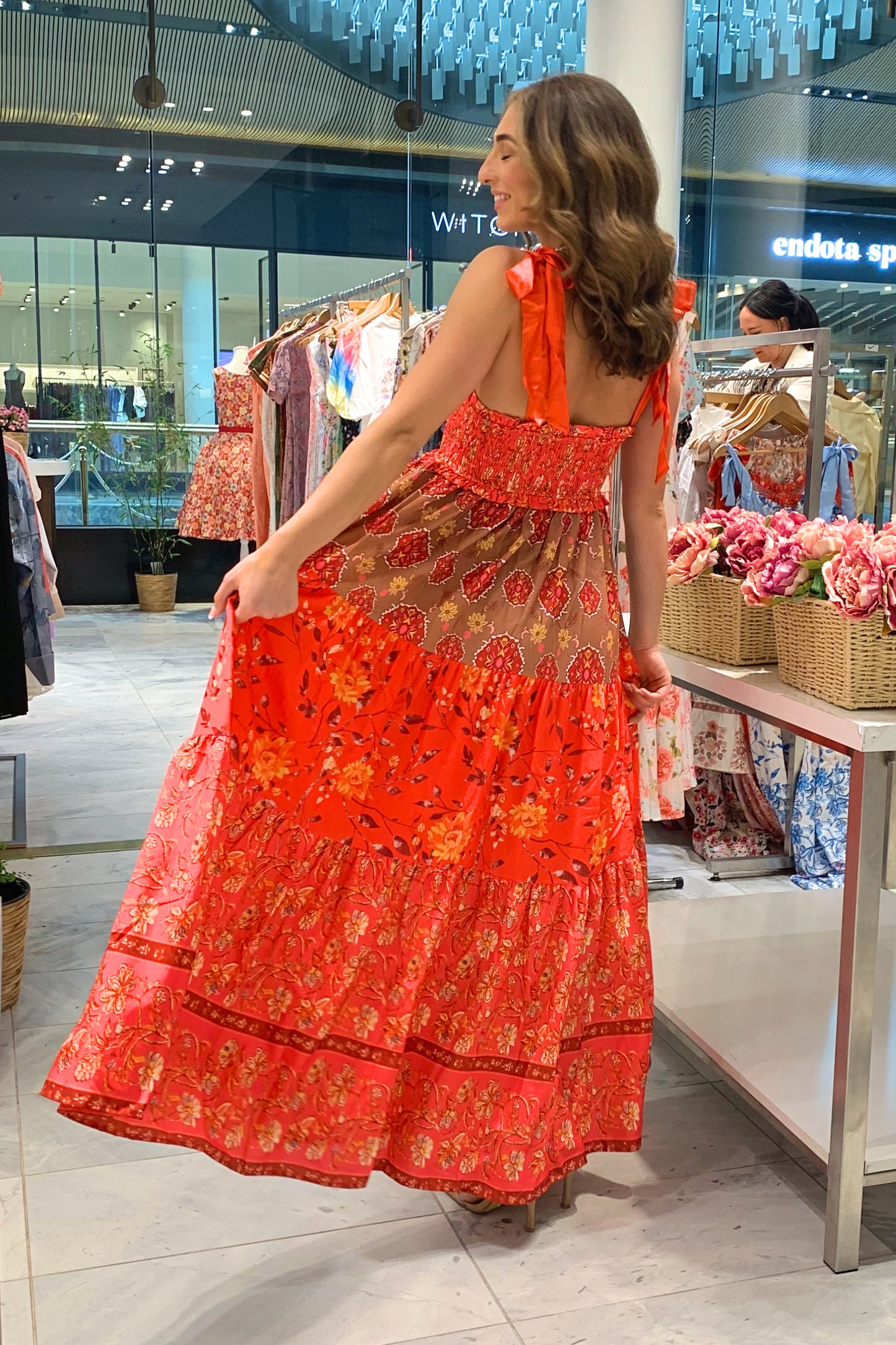 Floral Bohemian Tiered Maxi Dress with Satin Tie Straps CR1124-001