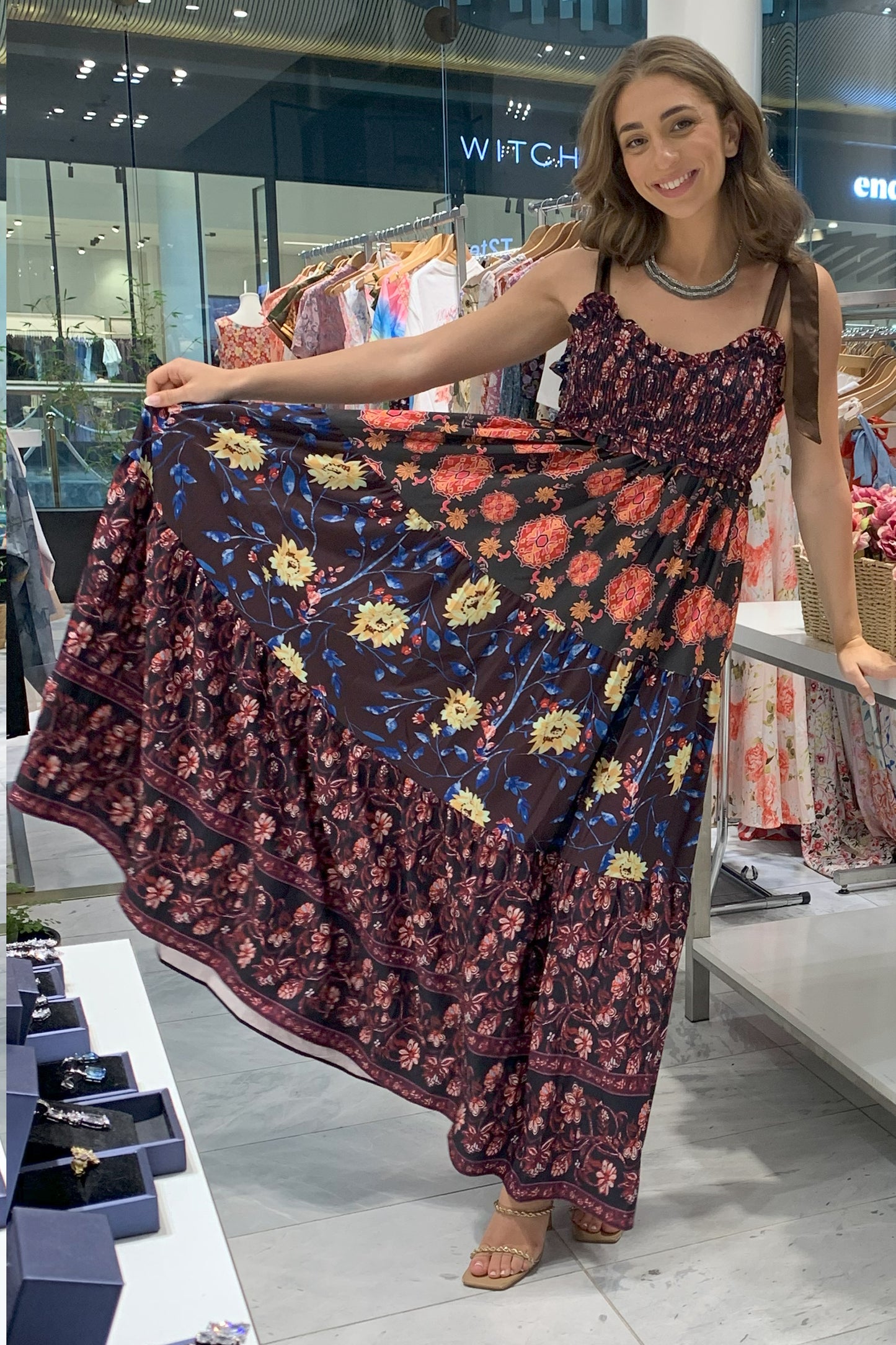 Floral Bohemian Tiered Maxi Dress with Satin Tie Straps CR1124-001
