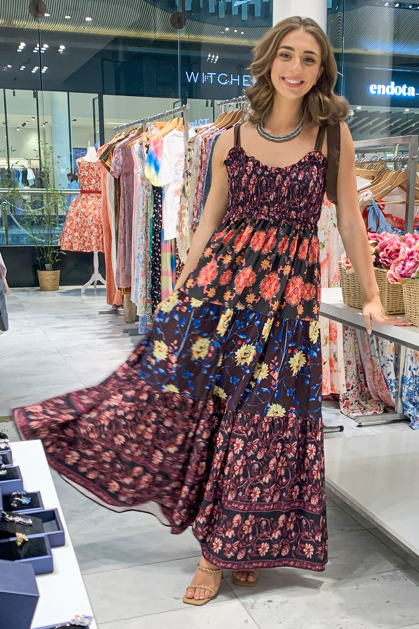 Floral Bohemian Tiered Maxi Dress with Satin Tie Straps CR1124-001