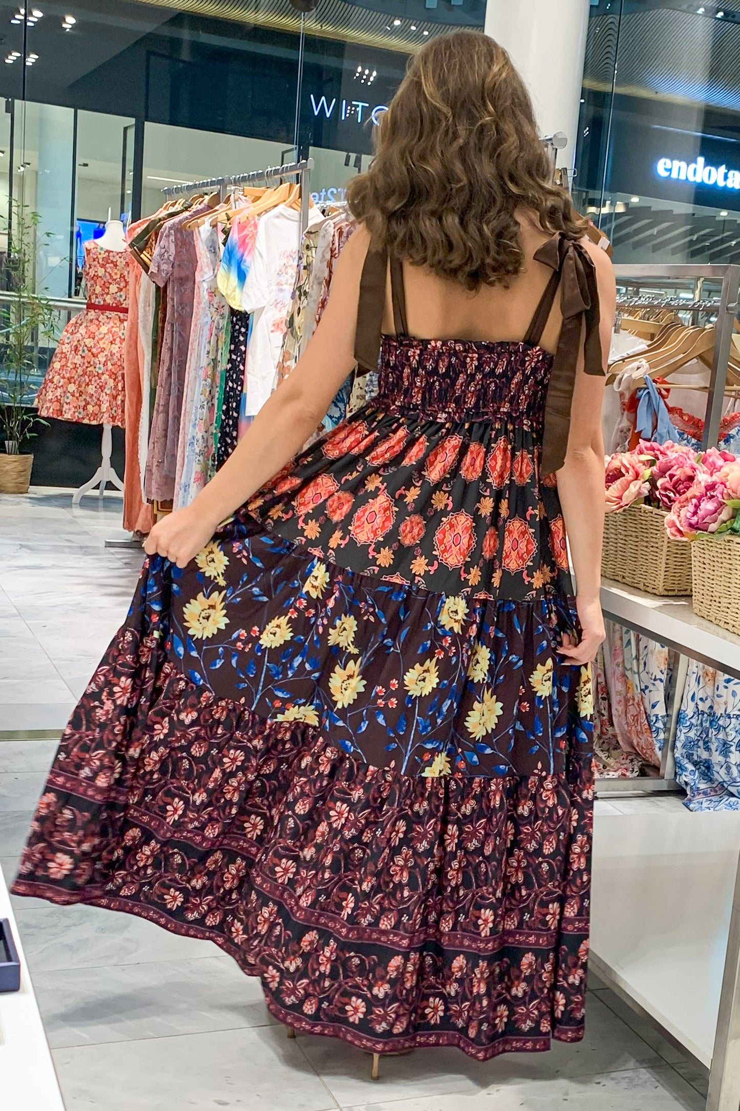 Floral Bohemian Tiered Maxi Dress with Satin Tie Straps CR1124-001