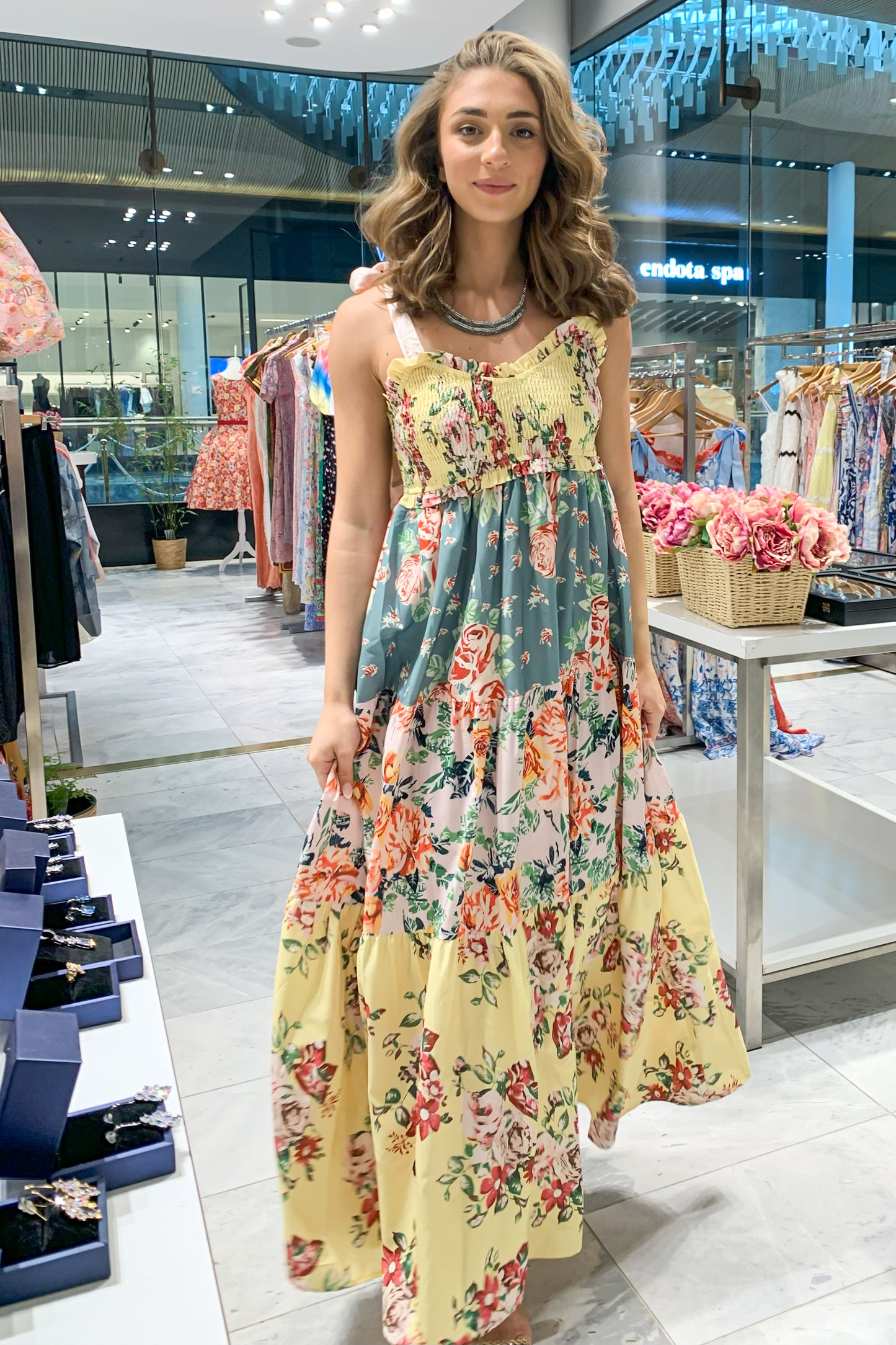 Floral Bohemian Tiered Maxi Dress with Satin Tie Straps CR1124-001