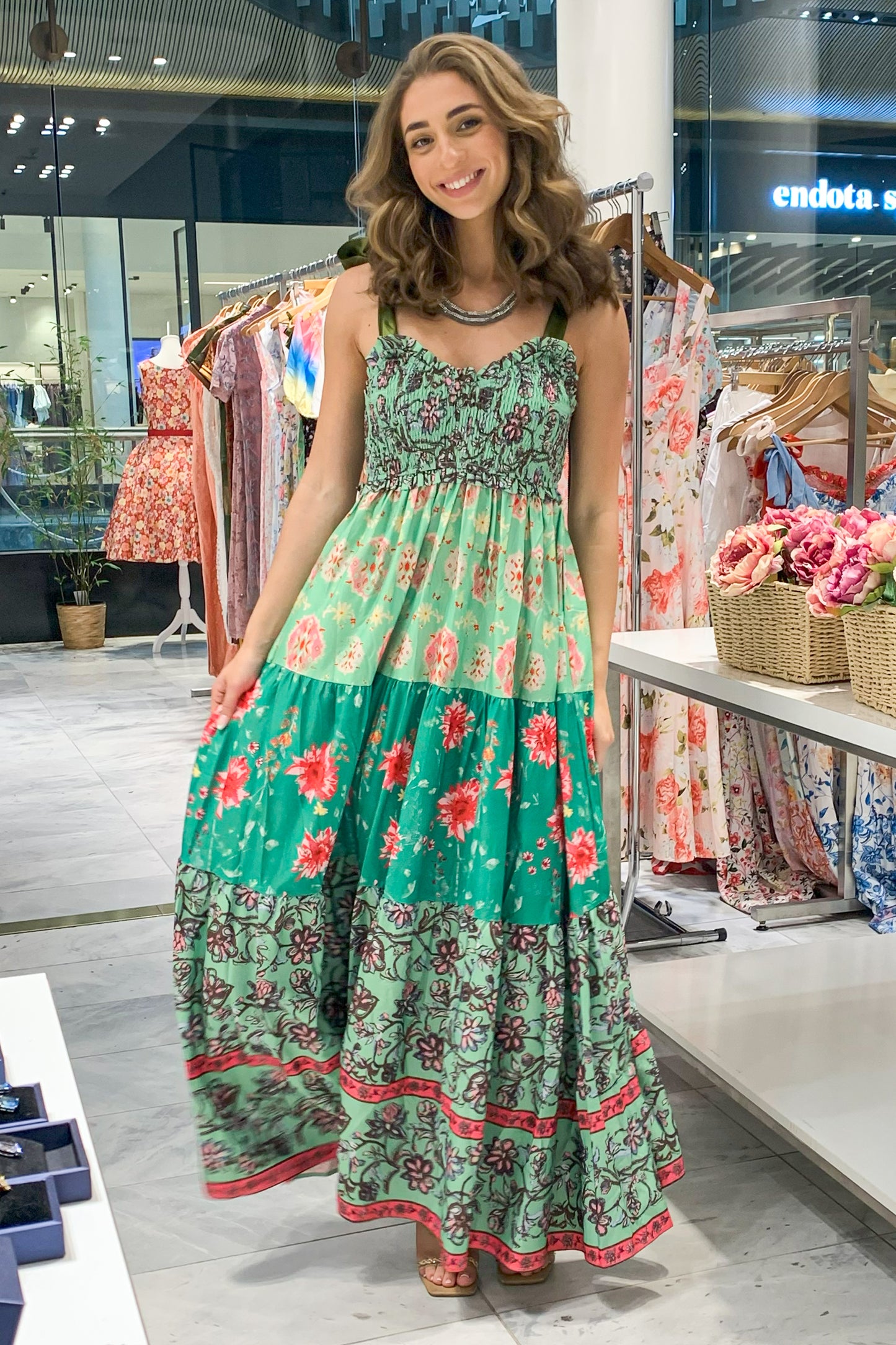 Floral Bohemian Tiered Maxi Dress with Satin Tie Straps CR1124-001