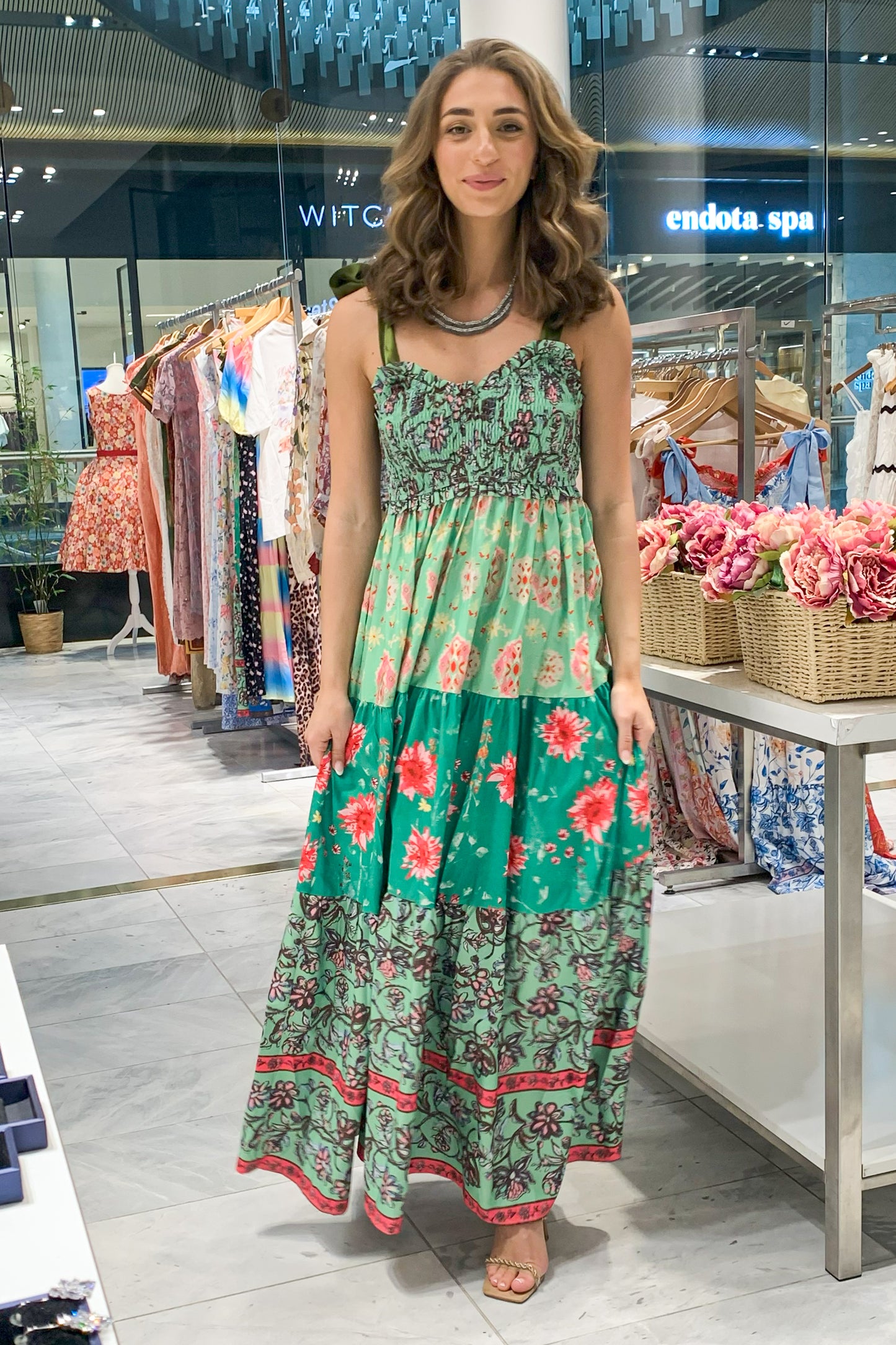 Floral Bohemian Tiered Maxi Dress with Satin Tie Straps CR1124-001