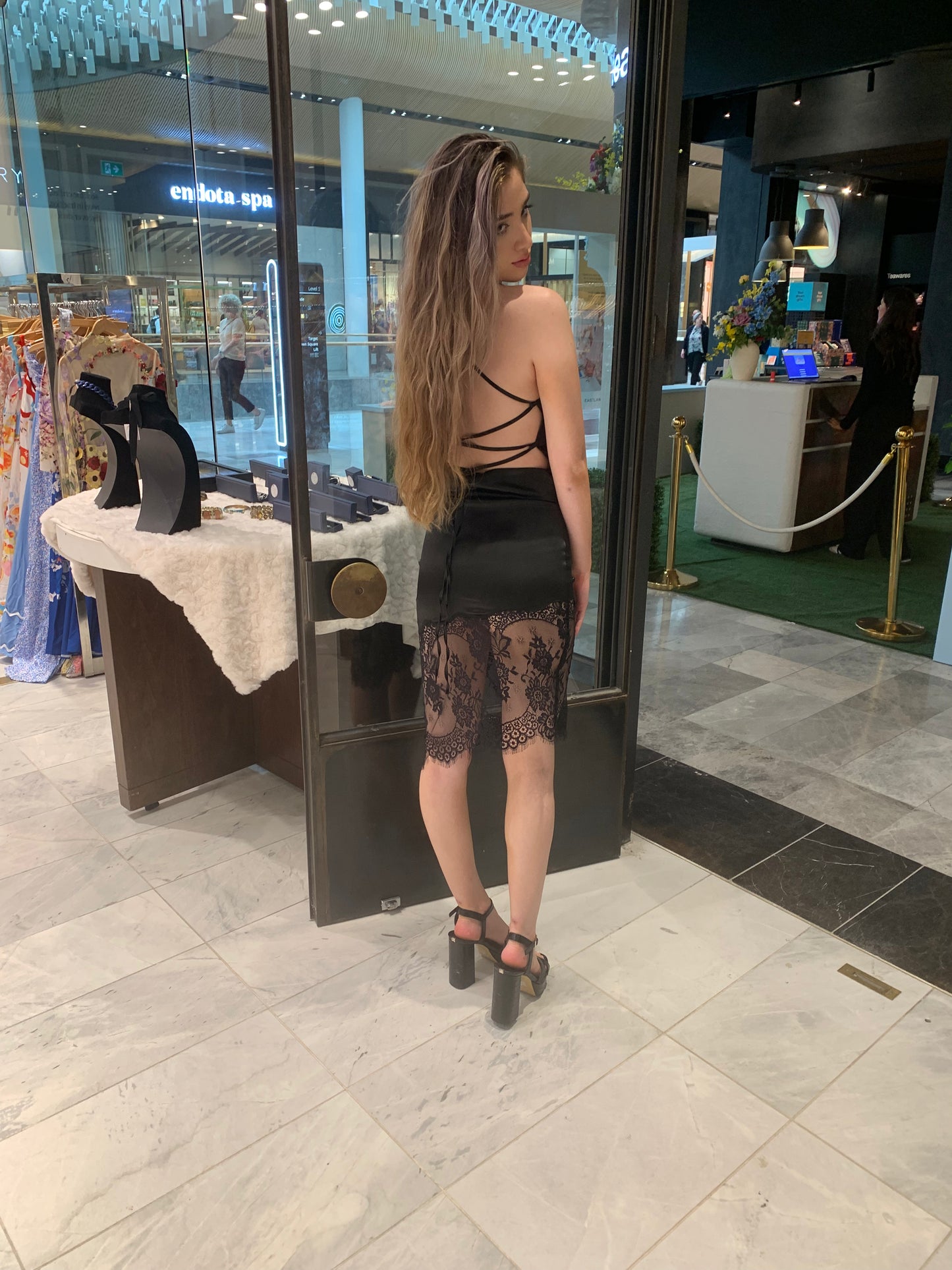 Sleek Black Satin Dress with Lace Hem CR1124-035
