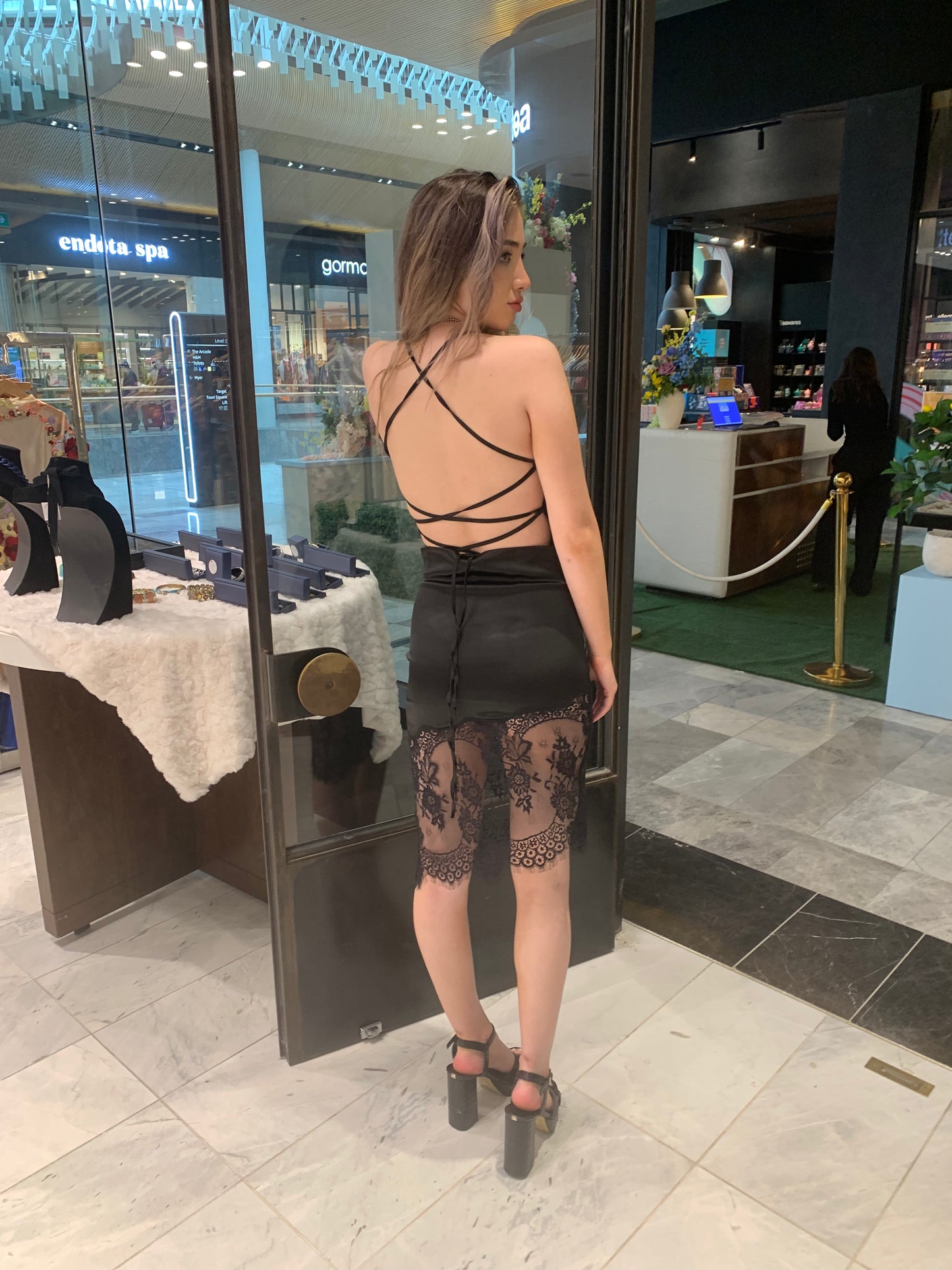 Sleek Black Satin Dress with Lace Hem CR1124-035