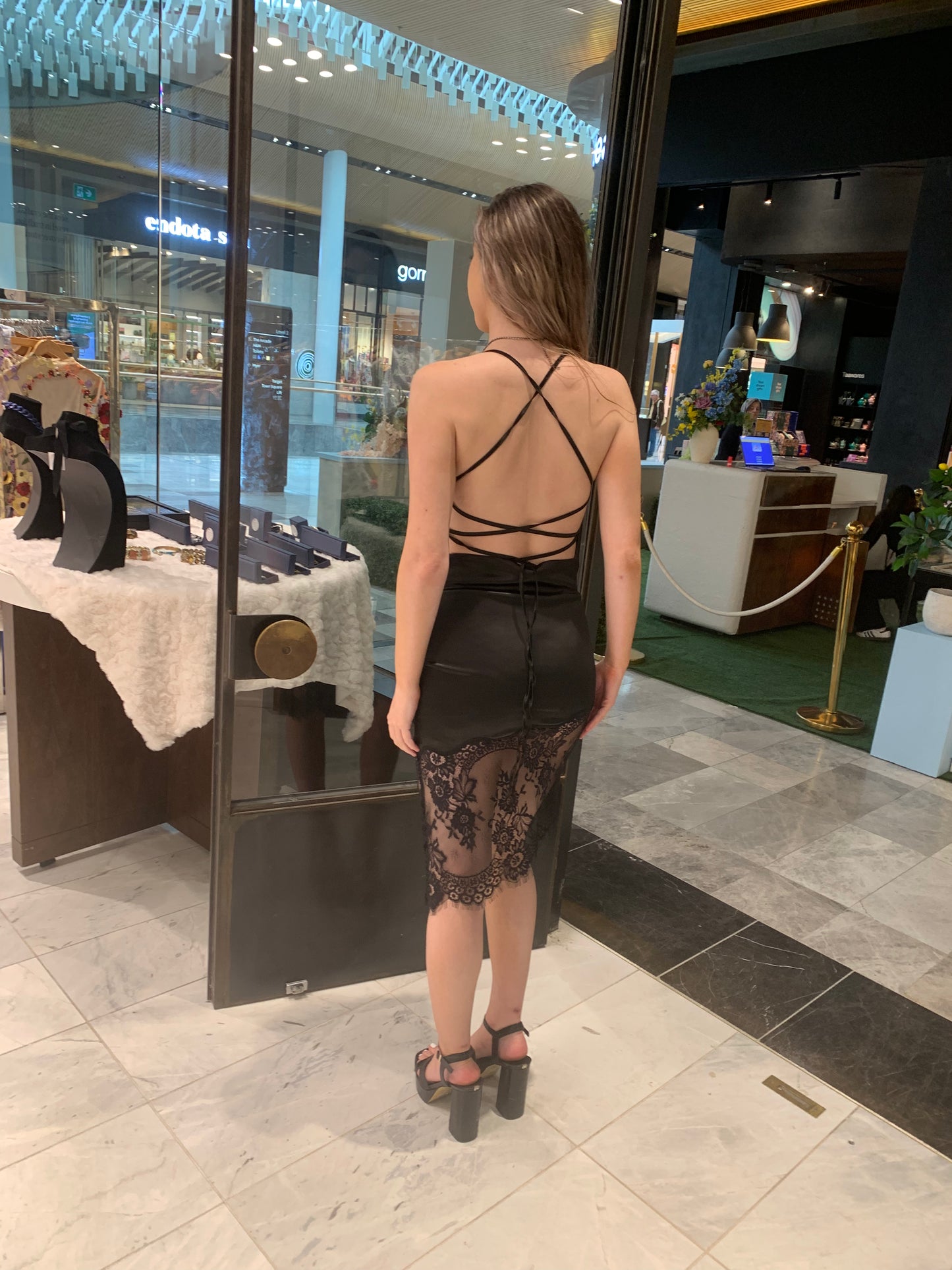 Sleek Black Satin Dress with Lace Hem CR1124-035