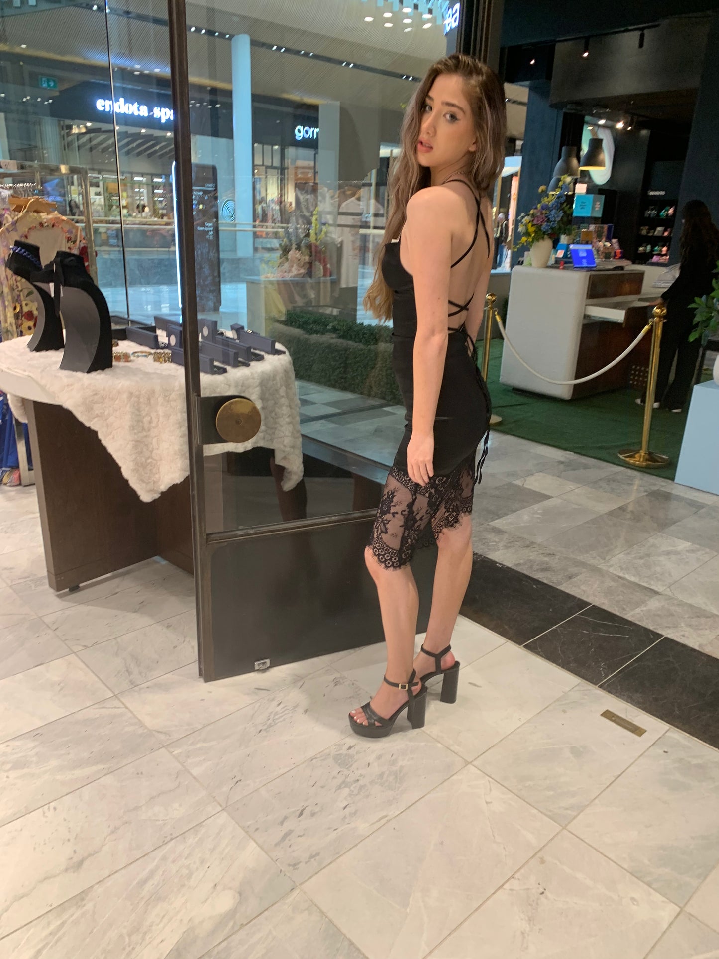 Sleek Black Satin Dress with Lace Hem CR1124-035