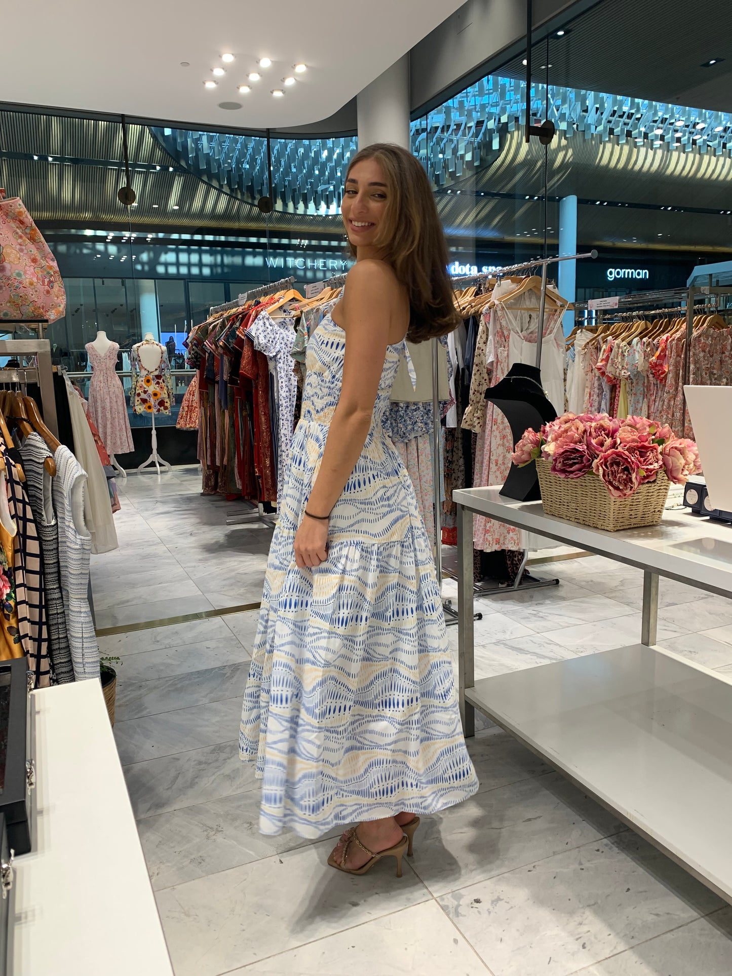 One-Shoulder Blue and White Midi Dress CR1124-042