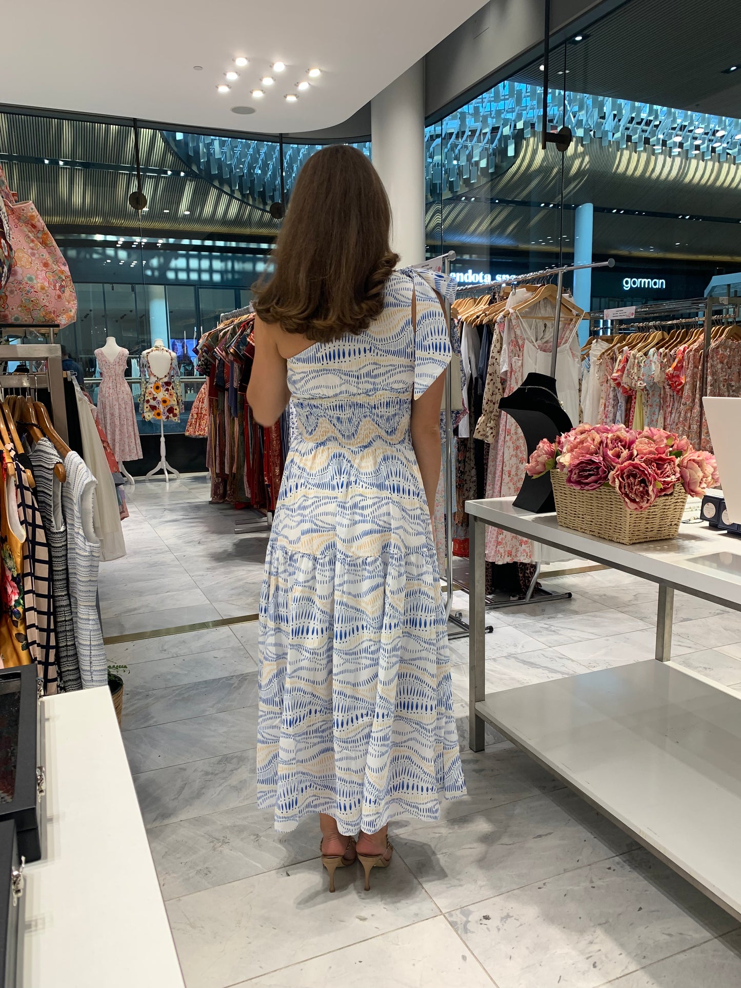 One-Shoulder Blue and White Midi Dress CR1124-042
