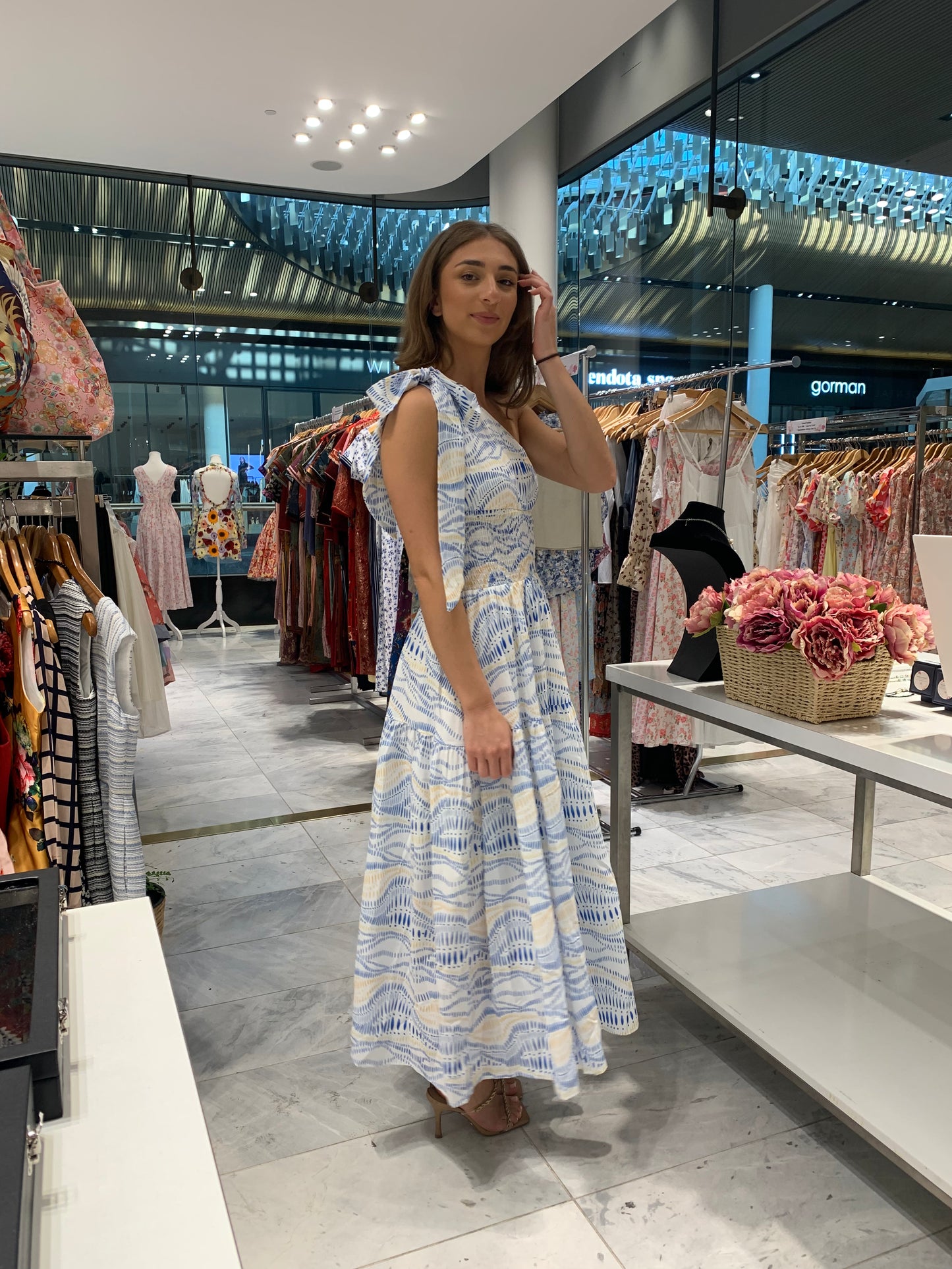 One-Shoulder Blue and White Midi Dress CR1124-042
