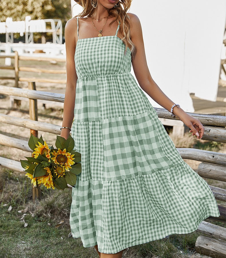 Elena Bohemian Plaid Spaghetti Strap Maxi Dress