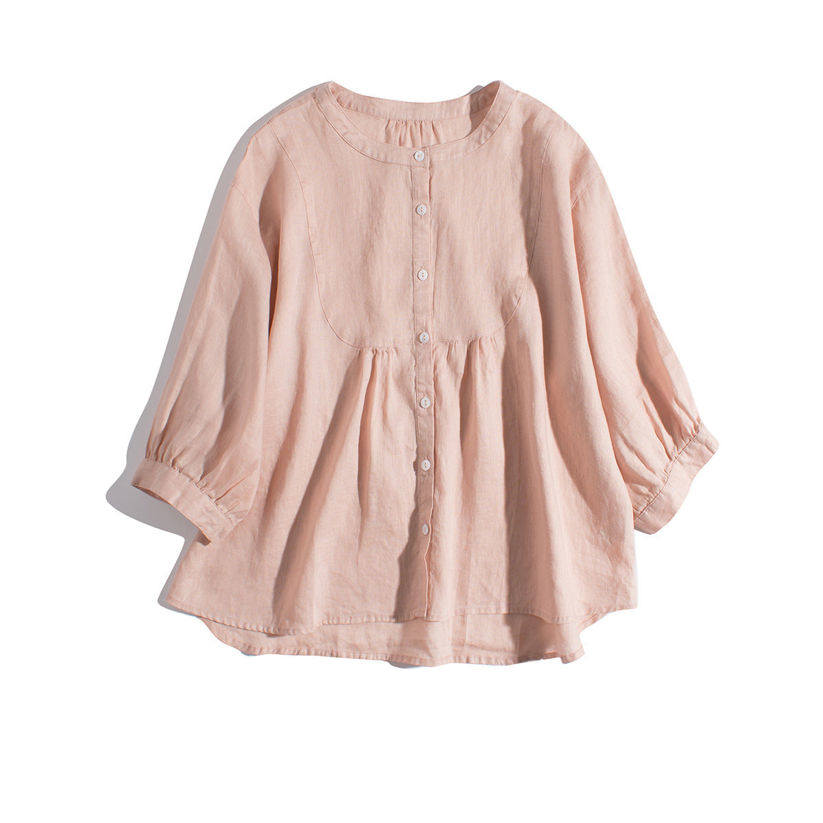Button-Up Linen Blouse with Puff Sleeves CRLinen1216-002