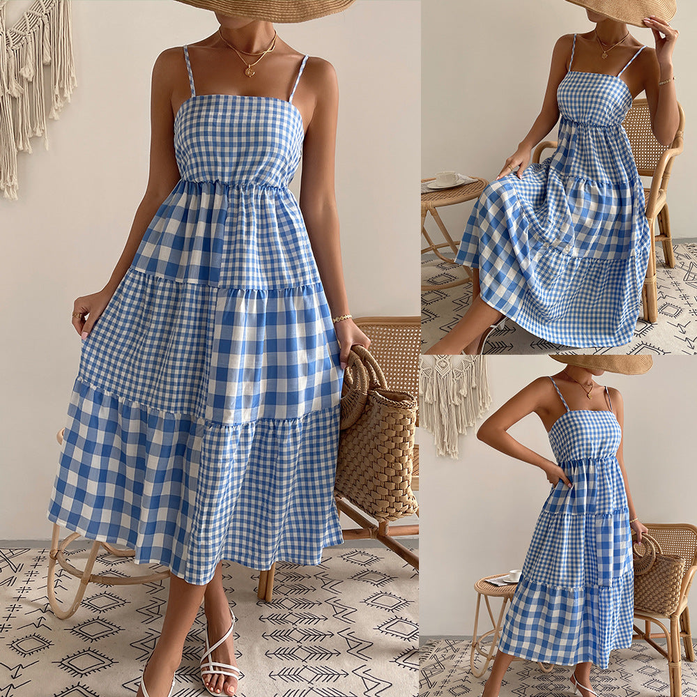 Elena Bohemian Plaid Spaghetti Strap Maxi Dress