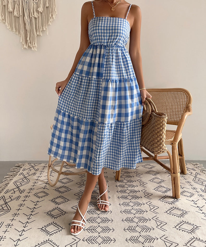 Elena Bohemian Plaid Spaghetti Strap Maxi Dress
