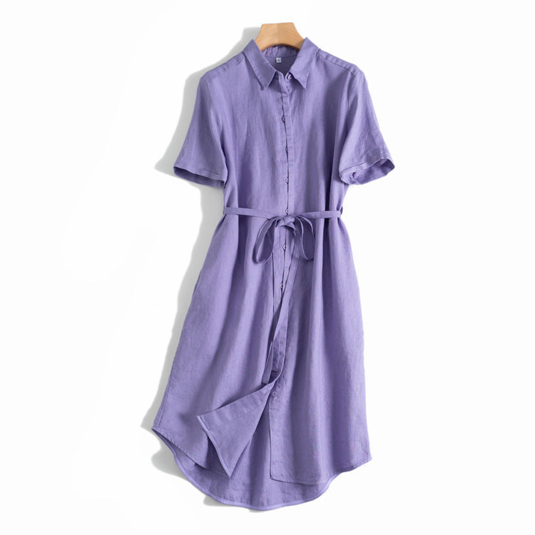 Button-Up Belted Linen Midi Dress CRLinen1216-085