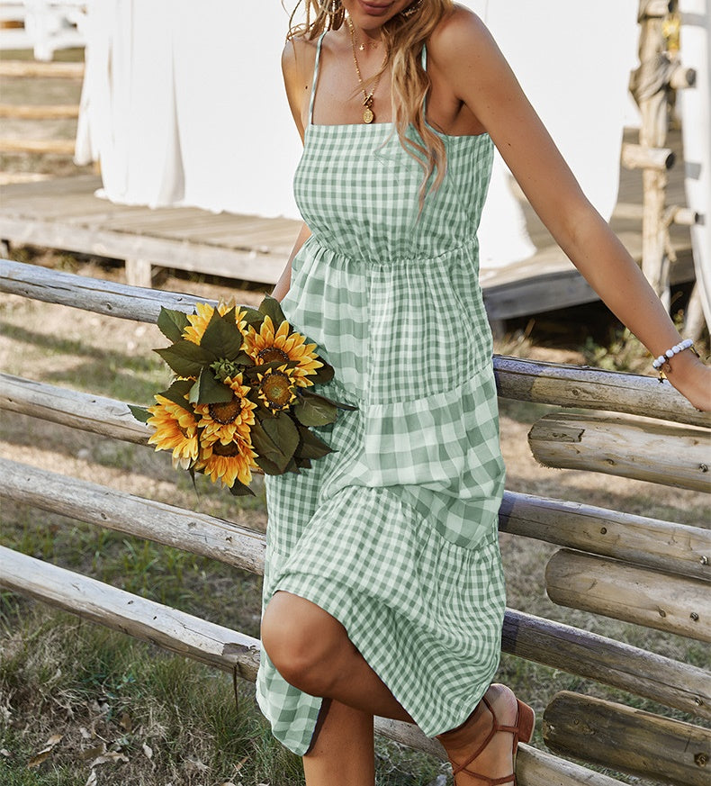Elena Bohemian Plaid Spaghetti Strap Maxi Dress