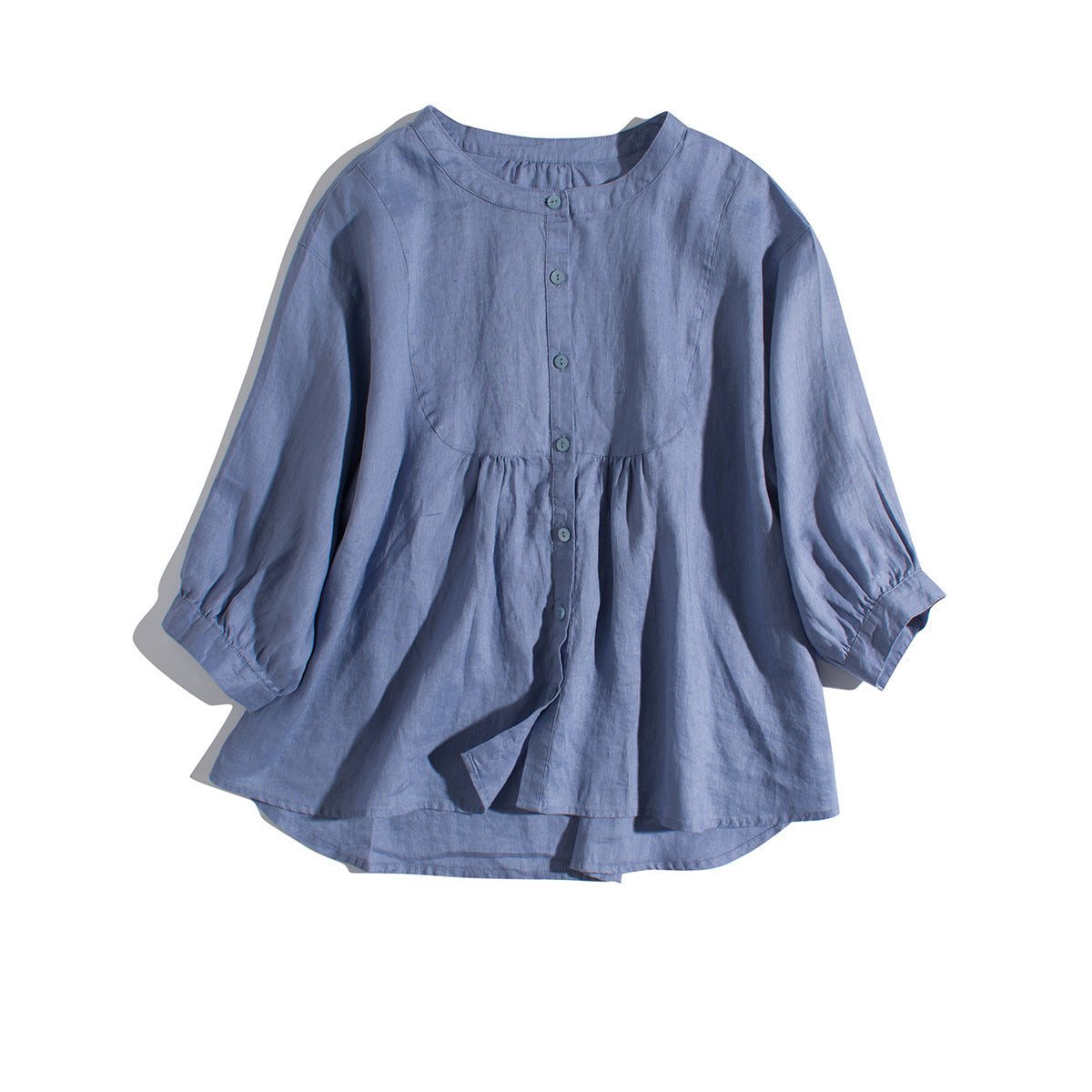 Button-Up Linen Blouse with Puff Sleeves CRLinen1216-002