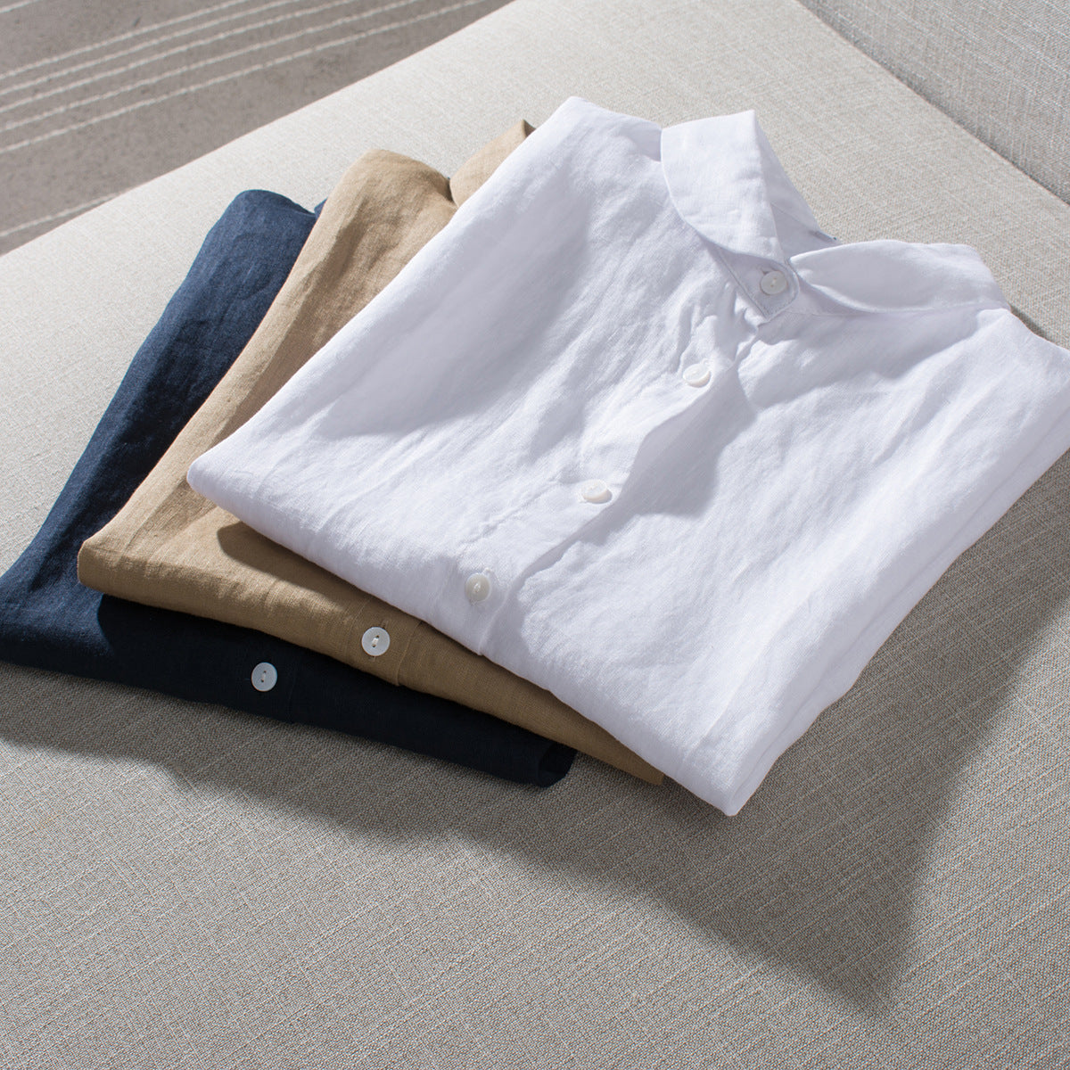 Premium 100% French Linen Button-Up Round Neckline Shirt CRLinen1124-001- KK20  DD8