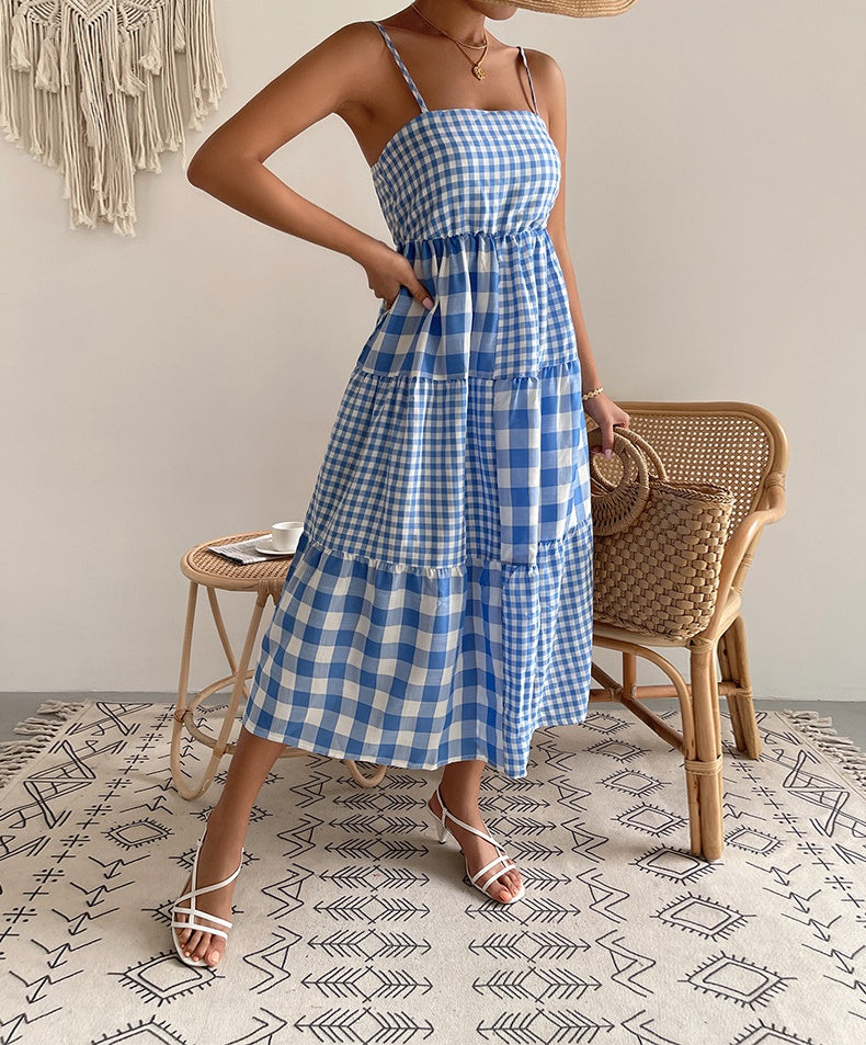 Elena Bohemian Plaid Spaghetti Strap Maxi Dress