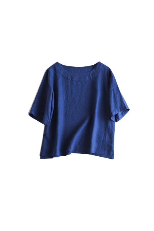 Premium 100% French Linen Short-Sleeve Round Neckline Tops CRLinen1124-021-KK025 D