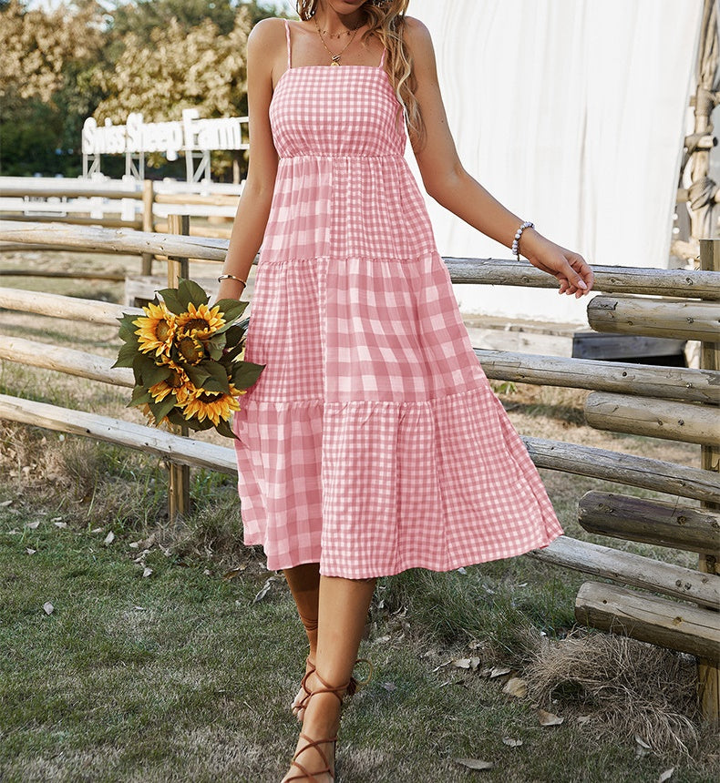 Elena Bohemian Plaid Spaghetti Strap Maxi Dress