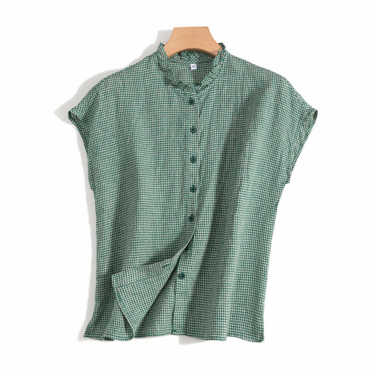 Casual Ruffle Neck Linen Blouse with Button-Up Design CRLinen1216-025