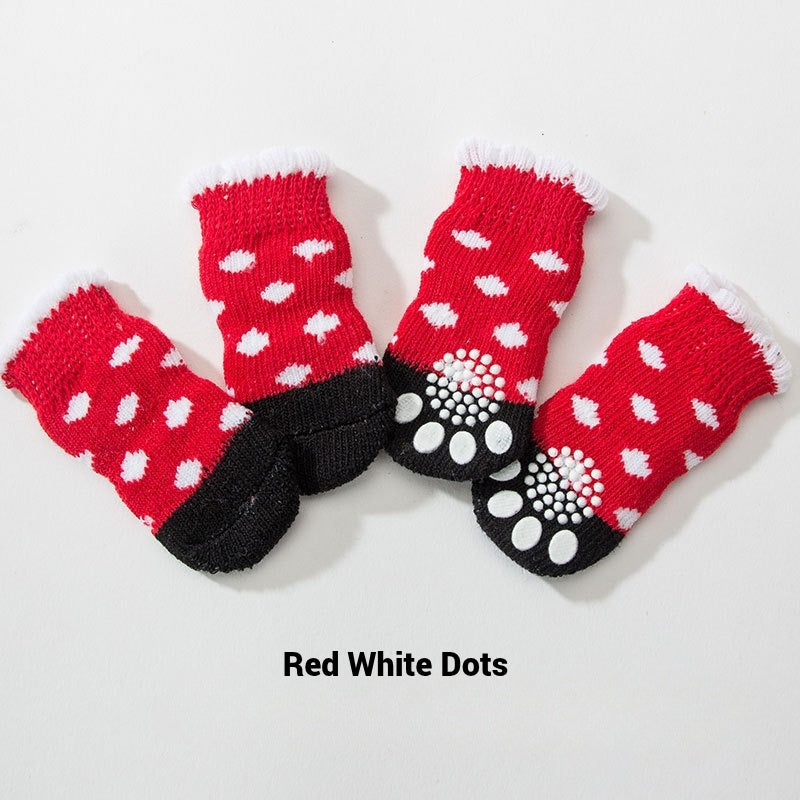 4 PCs Cute Cartoon Pet Socks – Four Seasons Knitted Non-Slip Cotton Socks for Dogs & Cats