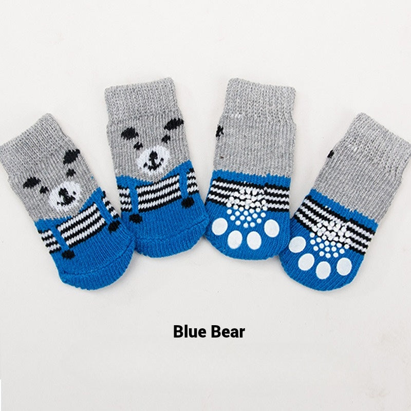 4 PCs Cute Cartoon Pet Socks – Four Seasons Knitted Non-Slip Cotton Socks for Dogs & Cats
