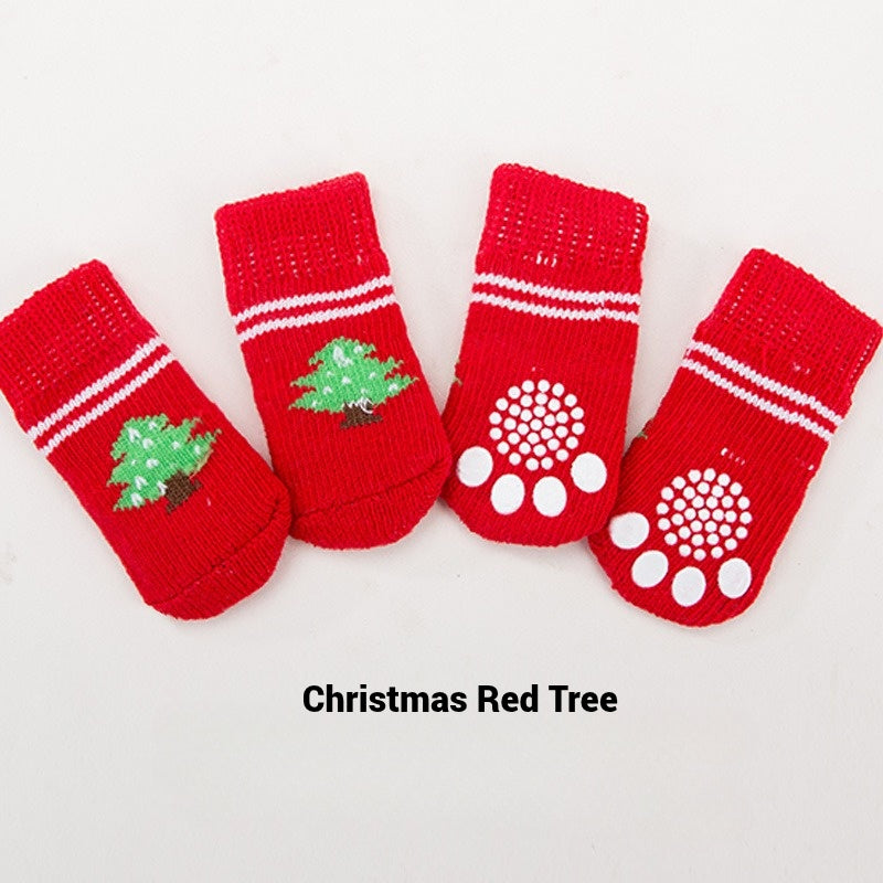 4 PCs Cute Cartoon Pet Socks – Four Seasons Knitted Non-Slip Cotton Socks for Dogs & Cats