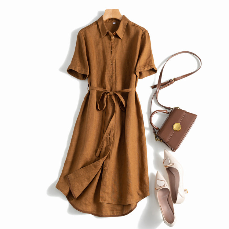 Button-Up Belted Linen Midi Dress CRLinen1216-085