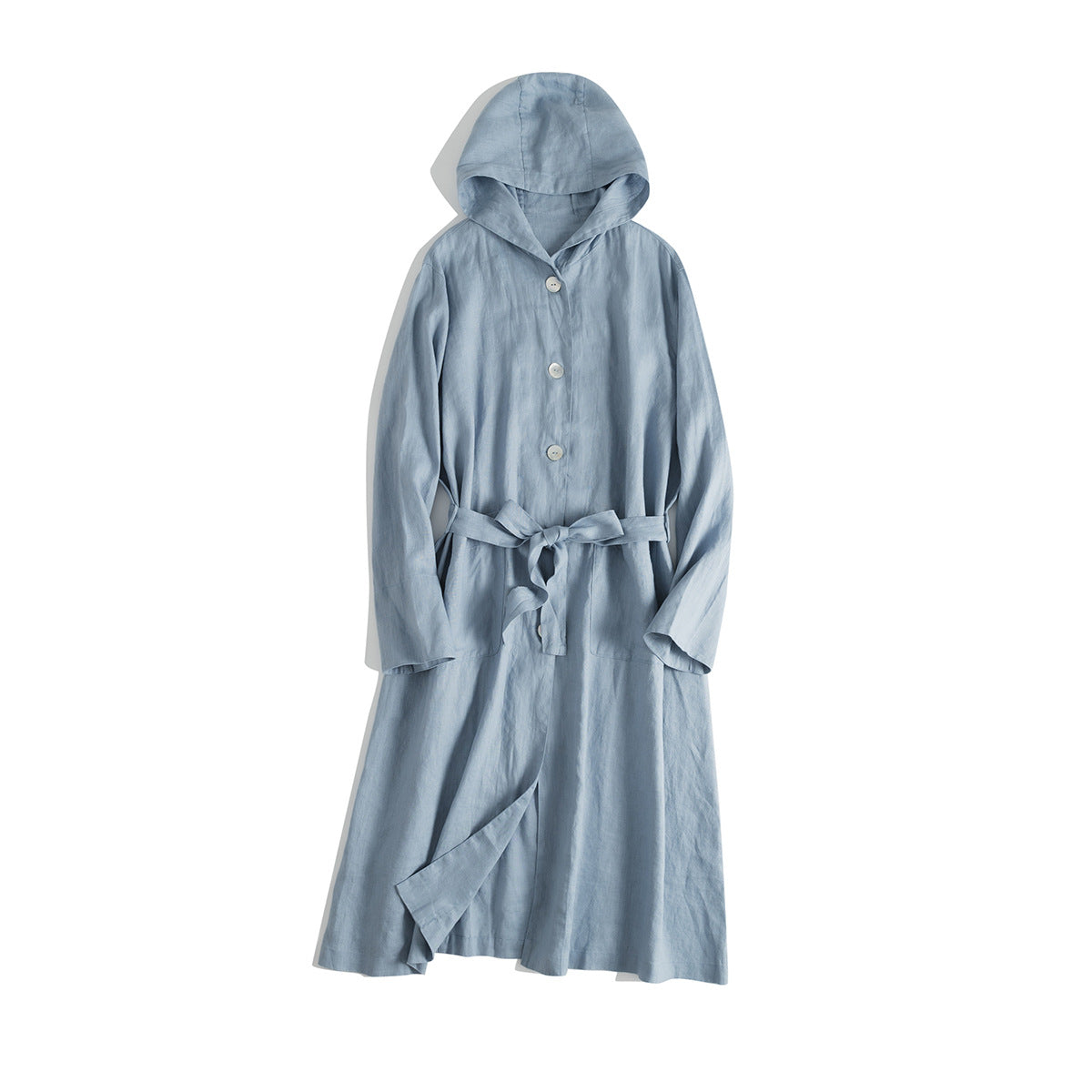 Casual Hooded Buttoned Long Coat with Belt CRLinen1216-117